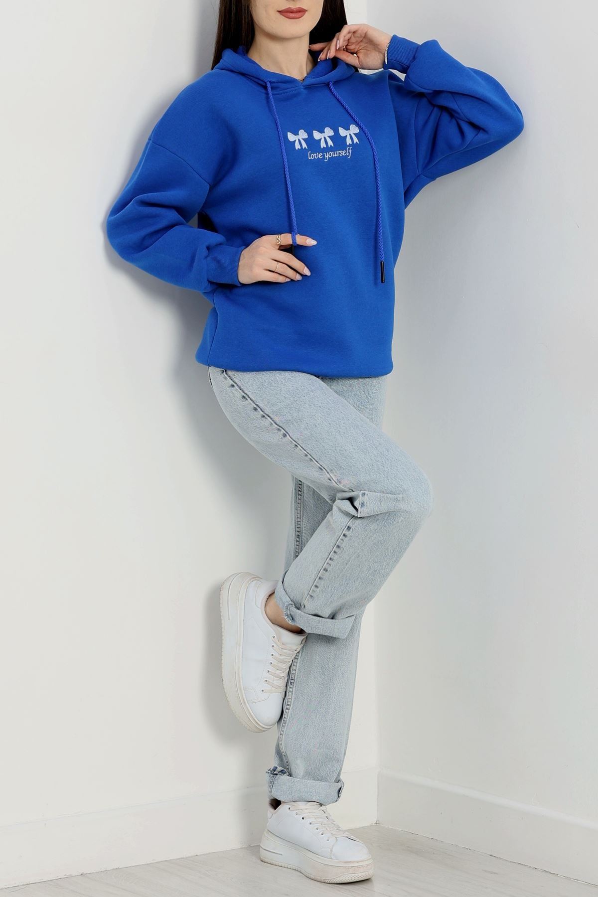 3 İplik Kapşonlu Nakışlı Sweat Saksbeyaz - 42219.1878.