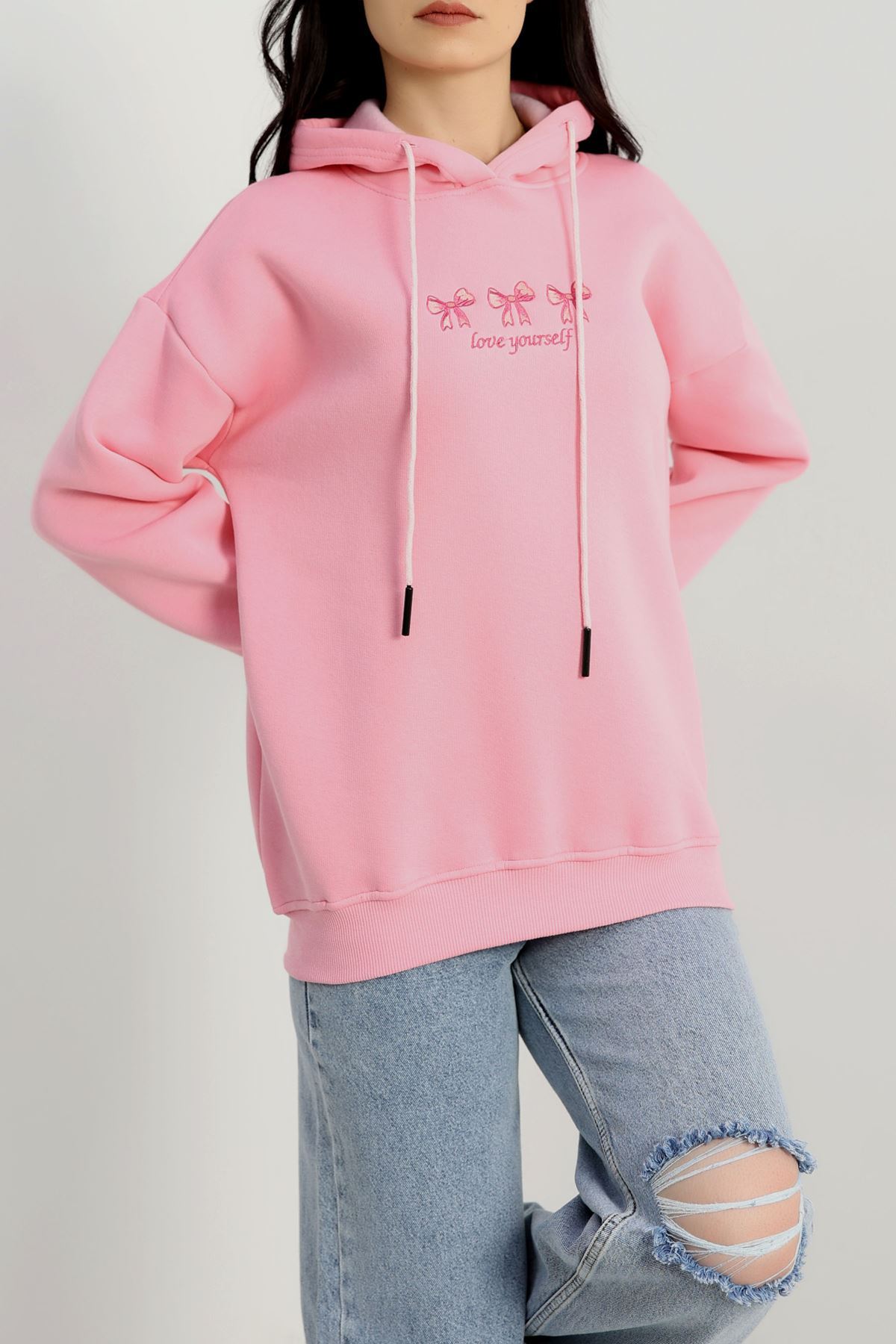 3 İplik Kapşonlu Nakışlı Sweat Pembekoyupembe - 42219.1878.