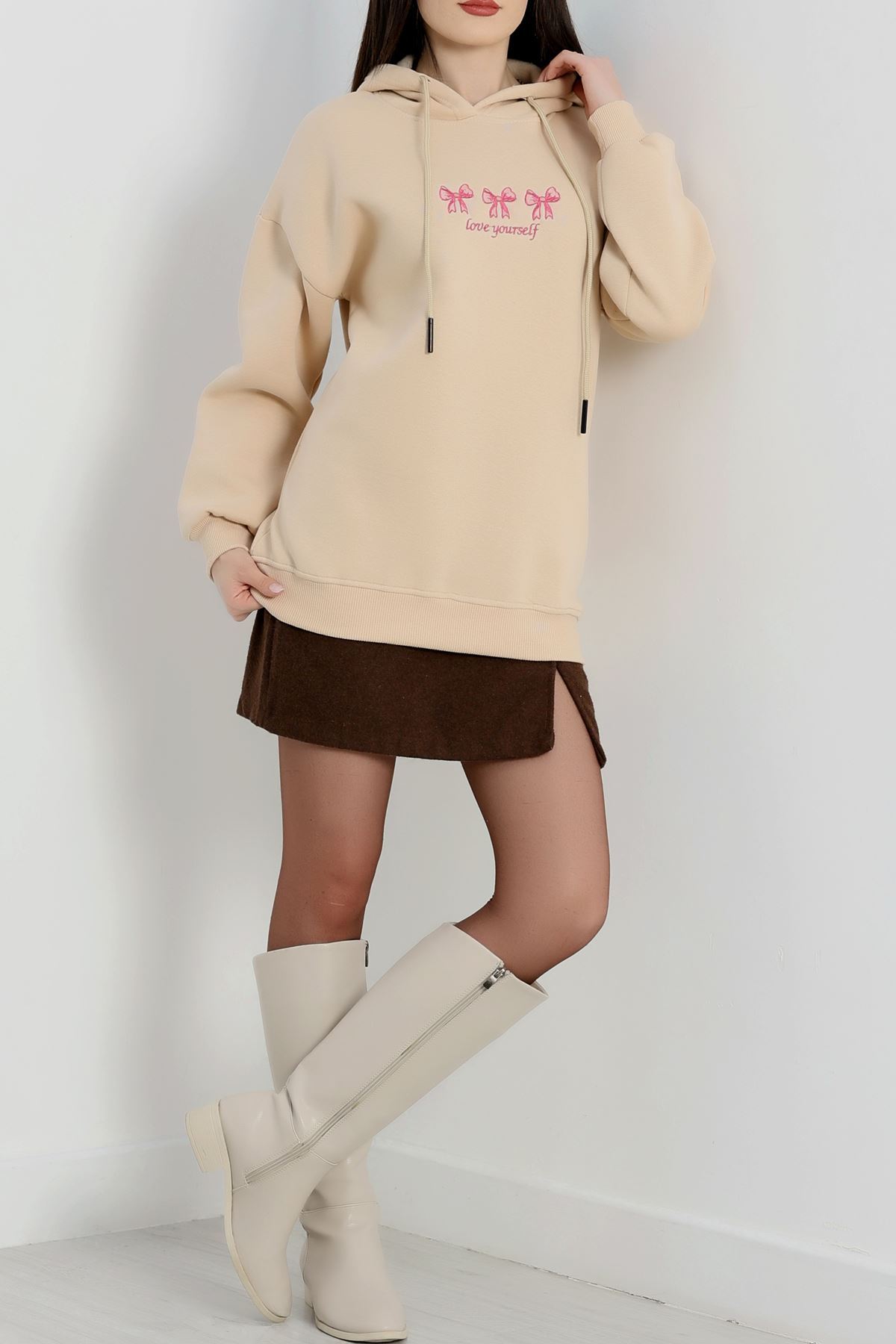 3 İplik Kapşonlu Nakışlı Sweat Bejpembe - 42219.1878.