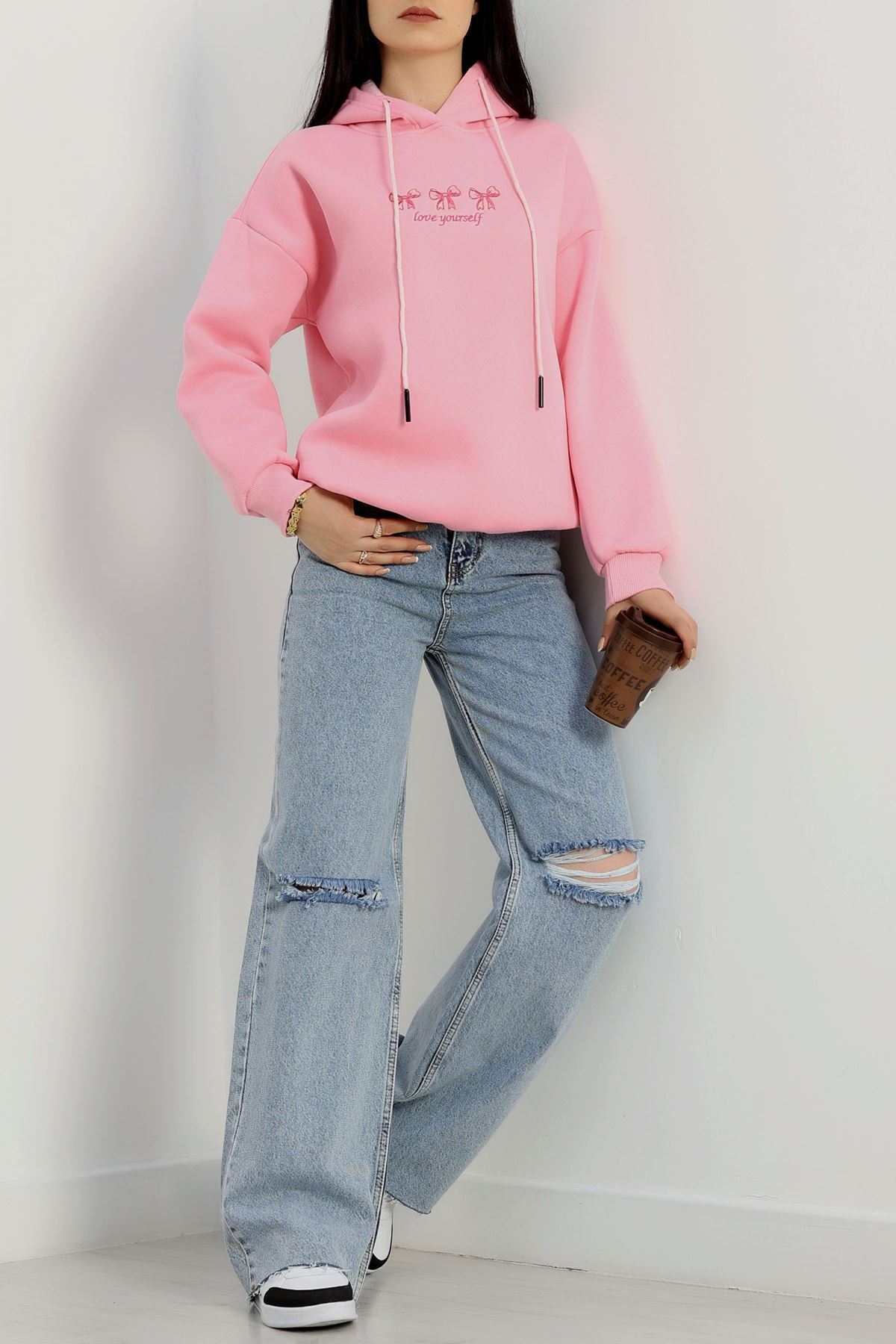 3 İplik Kapşonlu Nakışlı Sweat Pembekoyupembe - 42219.1878.