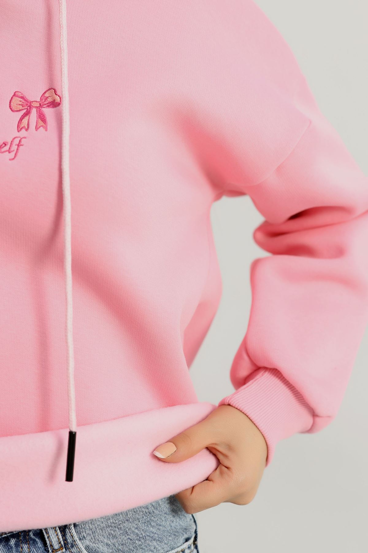 3 İplik Kapşonlu Nakışlı Sweat Pembekoyupembe - 42219.1878.