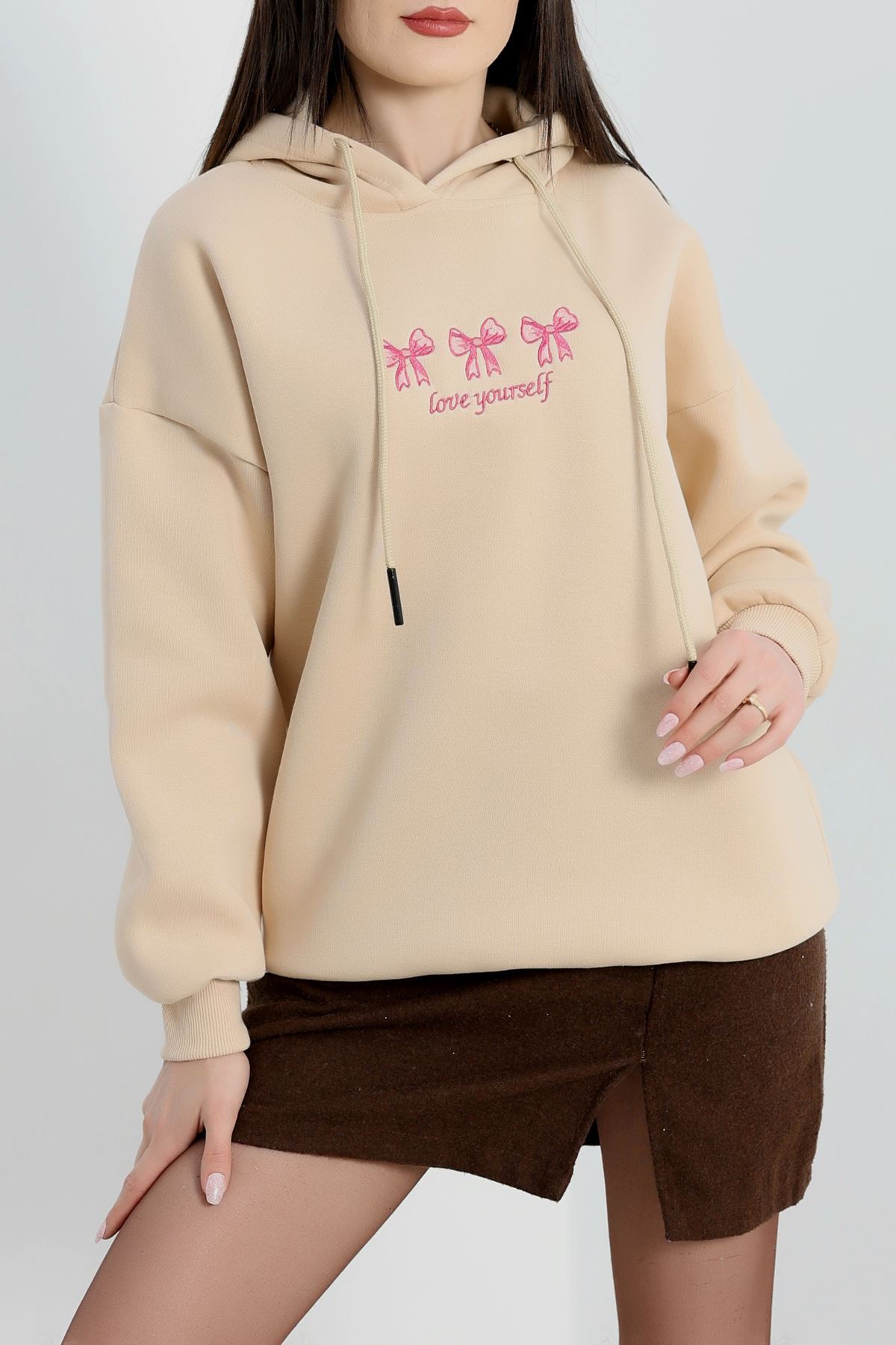 3 İplik Kapşonlu Nakışlı Sweat Bejpembe - 42219.1878.