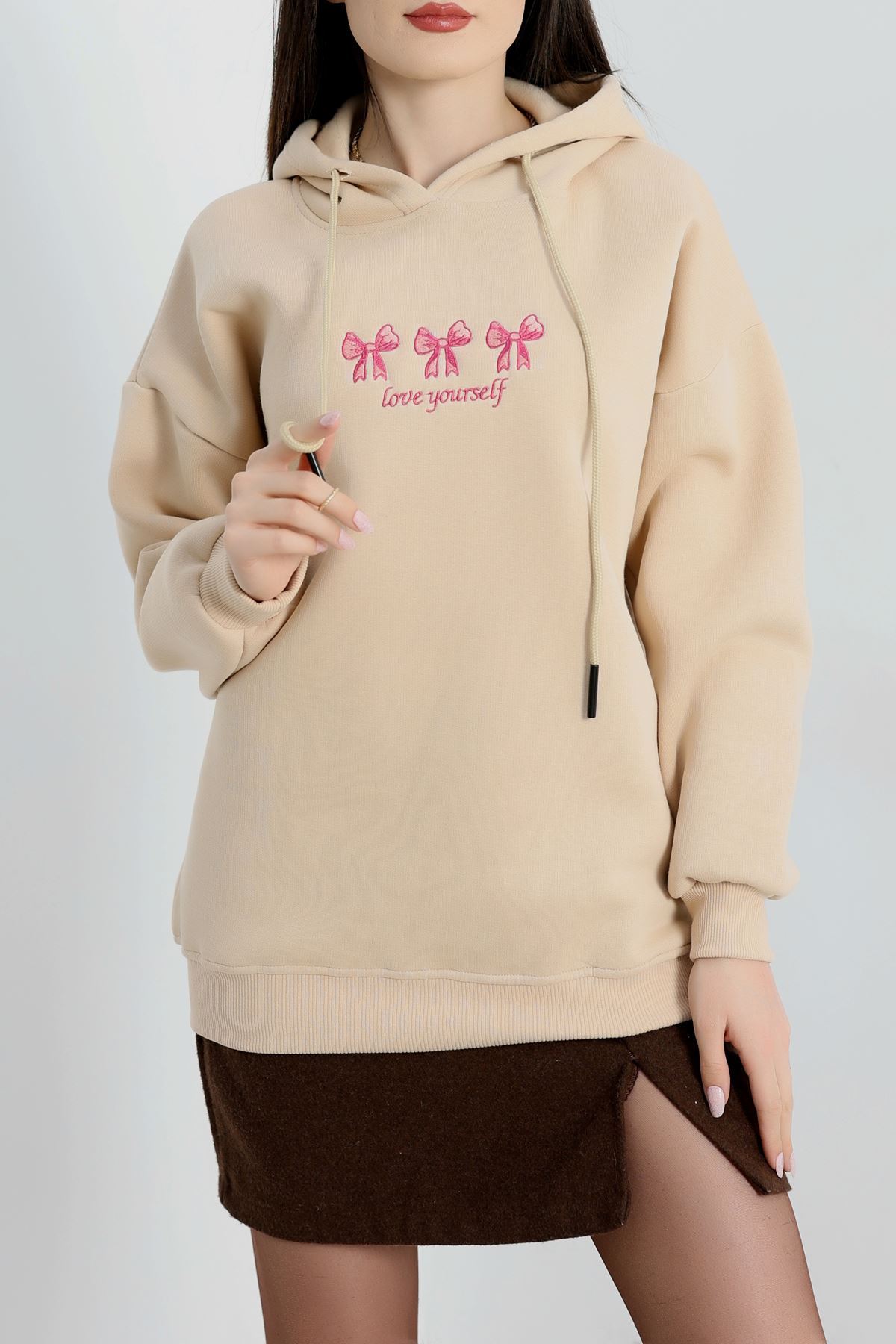 3 İplik Kapşonlu Nakışlı Sweat Bejpembe - 42219.1878.