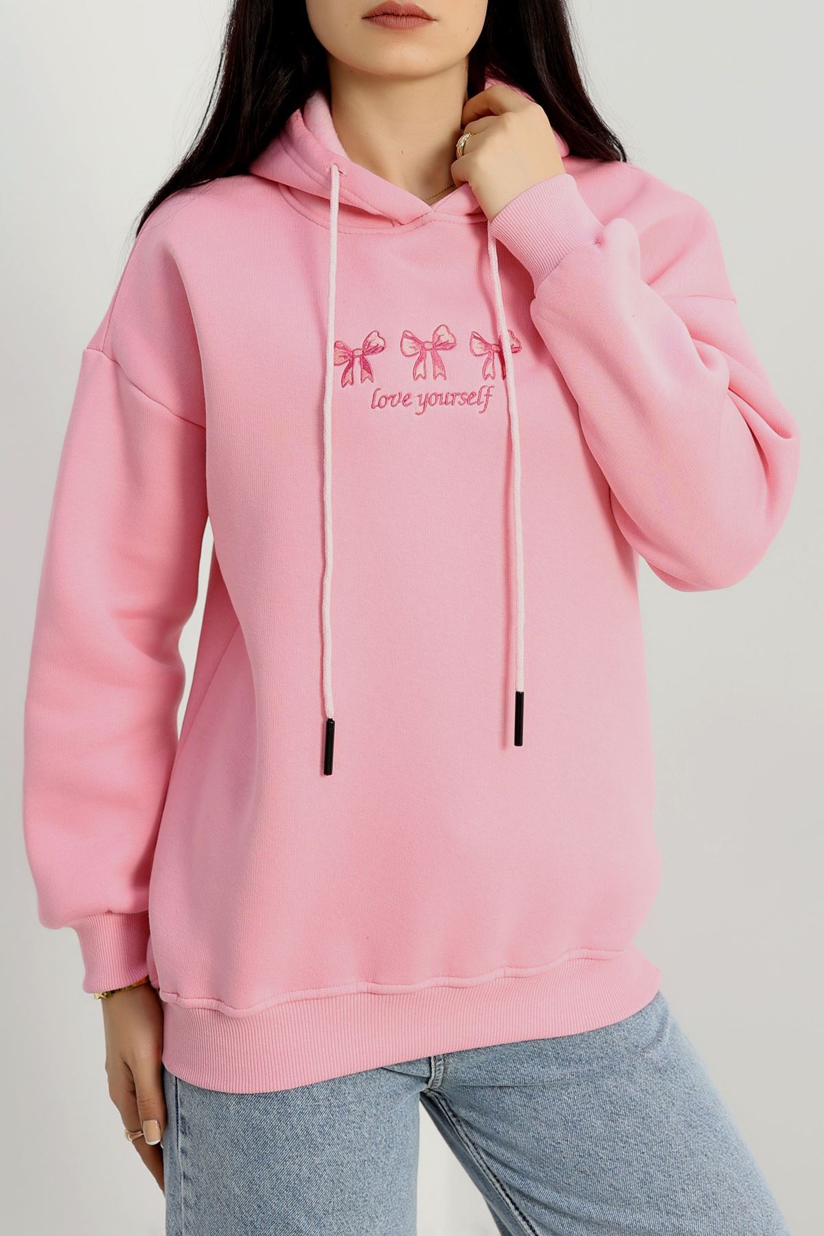 3 İplik Kapşonlu Nakışlı Sweat Pembekoyupembe - 42219.1878.