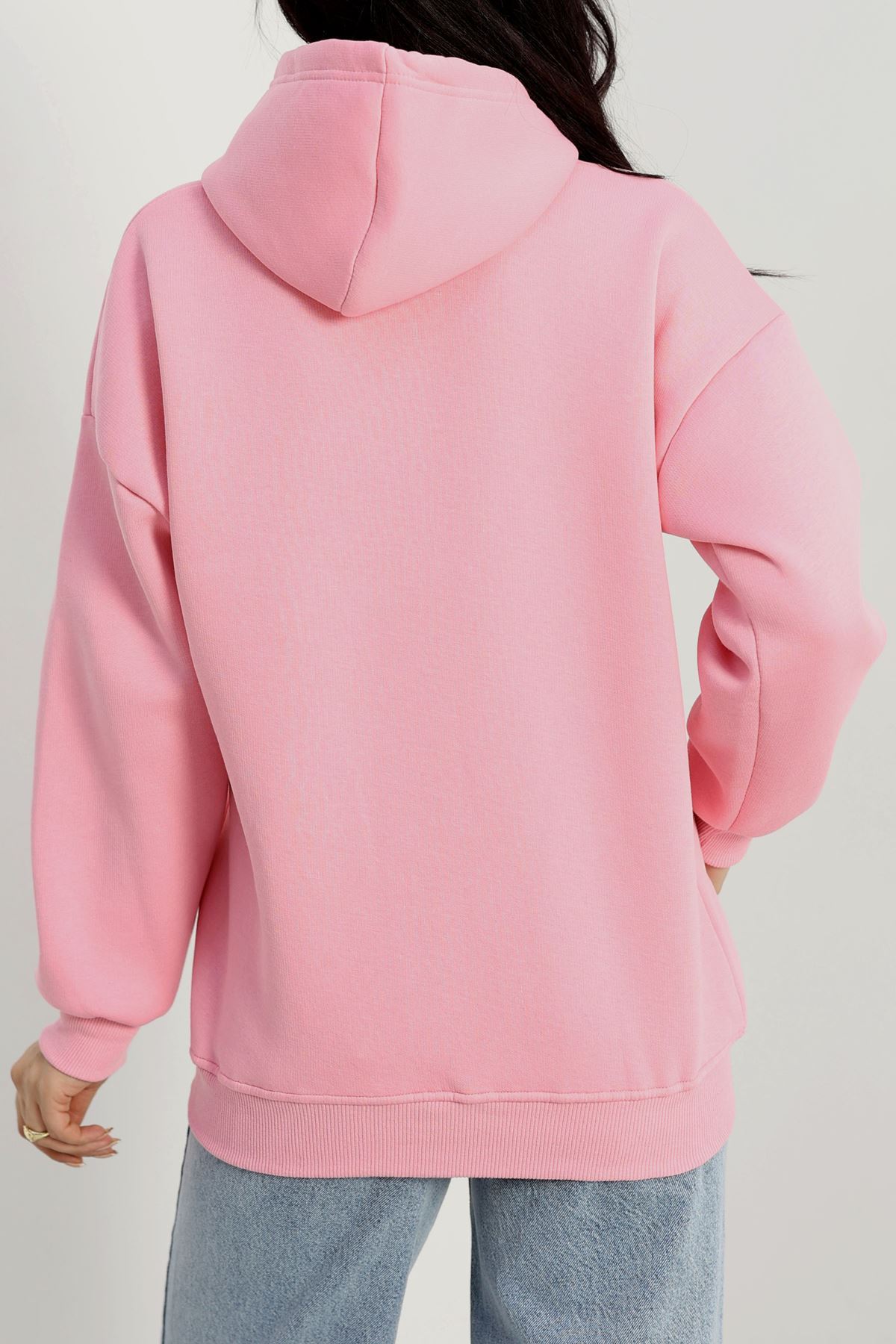 3 İplik Kapşonlu Nakışlı Sweat Pembekoyupembe - 42219.1878.