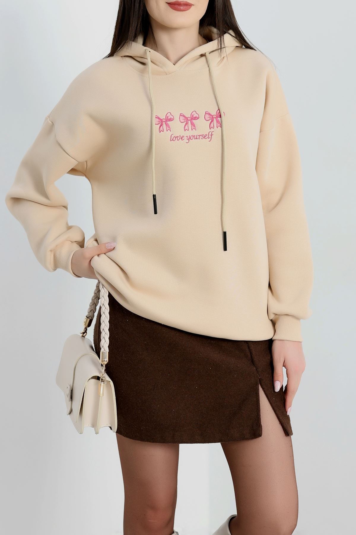 3 İplik Kapşonlu Nakışlı Sweat Bejpembe - 42219.1878.