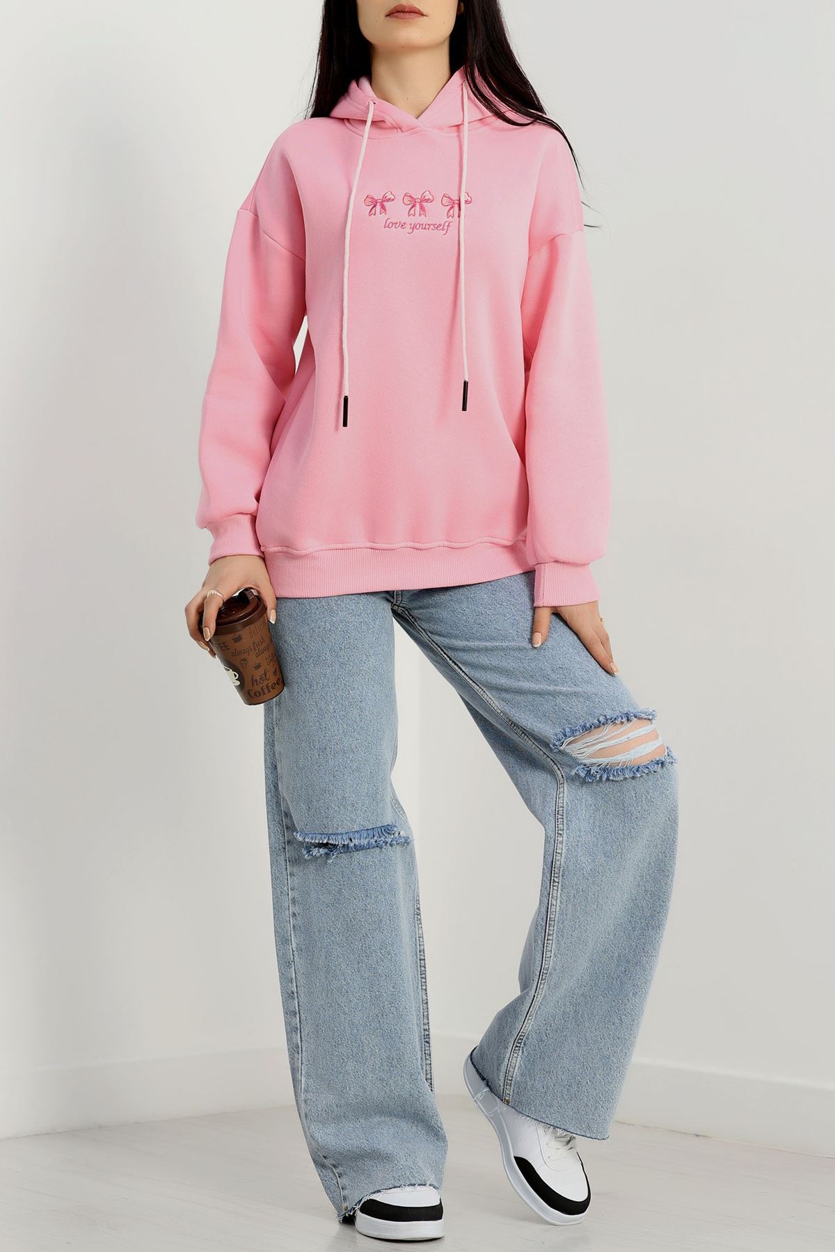 3 İplik Kapşonlu Nakışlı Sweat Pembekoyupembe - 42219.1878.