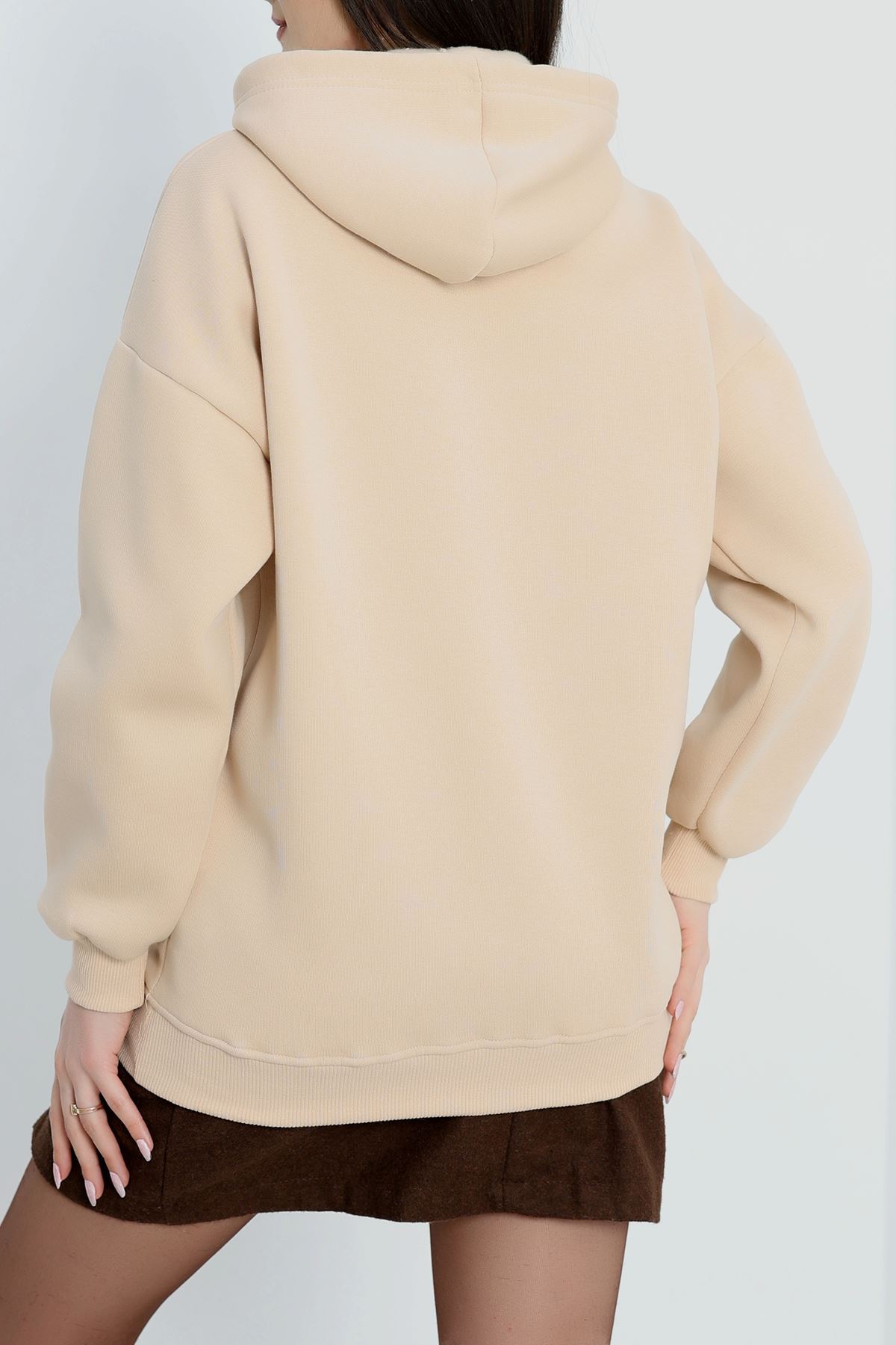 3 İplik Kapşonlu Nakışlı Sweat Bejpembe - 42219.1878.