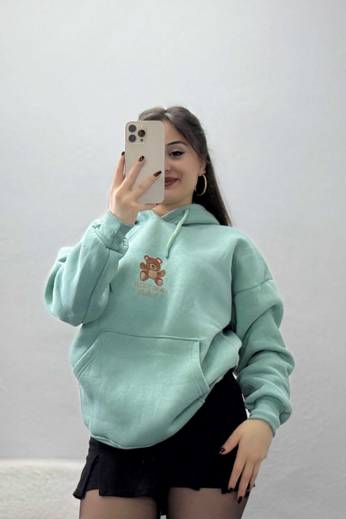 3 İplik Kanguru Cepli Kapşonlu Sweat Mint - 42254.1878.