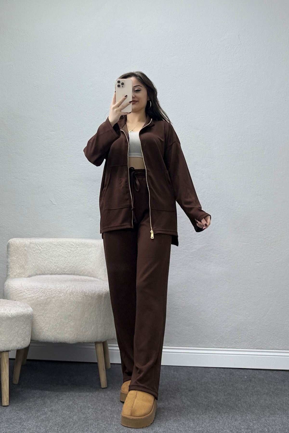 Fermuarlı Oysho Kumaş Takım Kahve - 4132.1247.