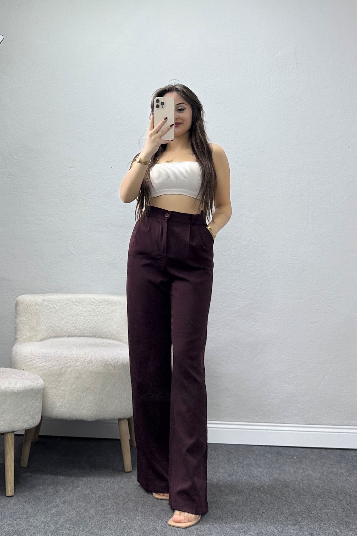 Dabıl Kumaş Pileli Palazzo Pantolon Mürdüm - 51062.1991.