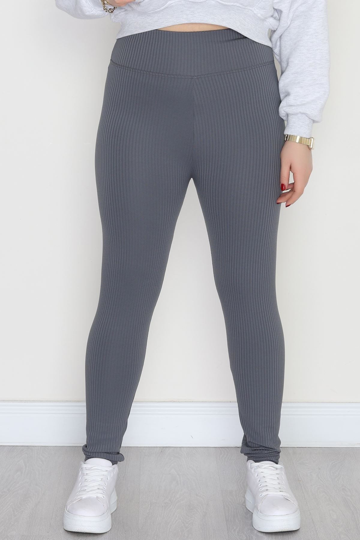 Şardonlu Yumuşak Dokulu Büyük Beden Fitilli Tayt Füme - 52086.1098.