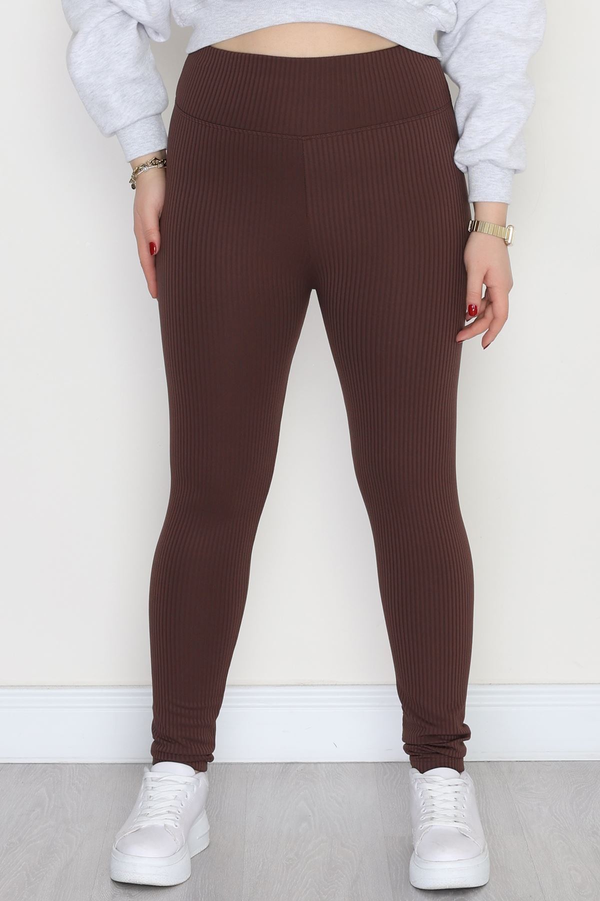 Şardonlu Yumuşak Dokulu Büyük Beden Fitilli Tayt Kahve - 52086.1098.