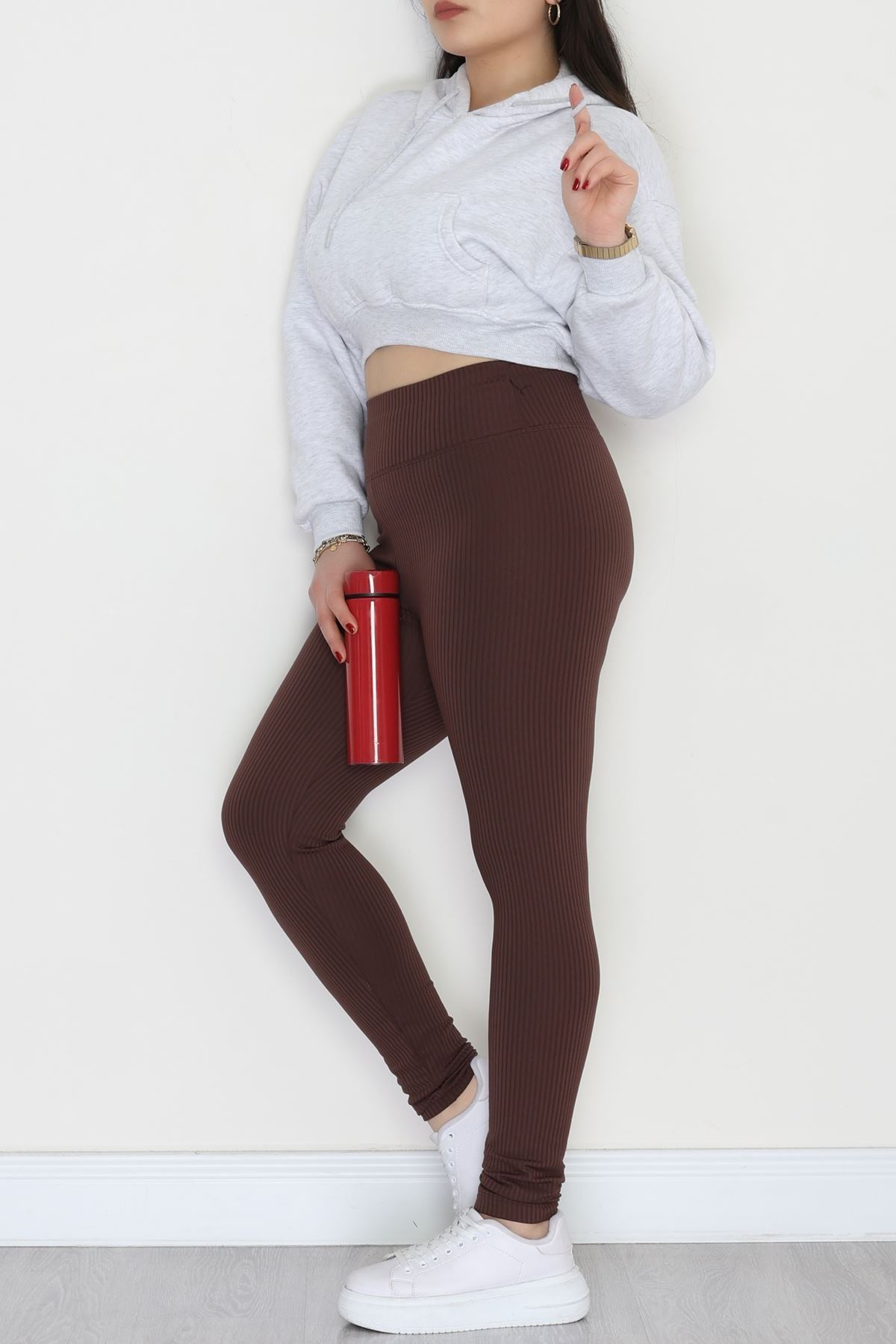 Şardonlu Yumuşak Dokulu Büyük Beden Fitilli Tayt Kahve - 52086.1098.