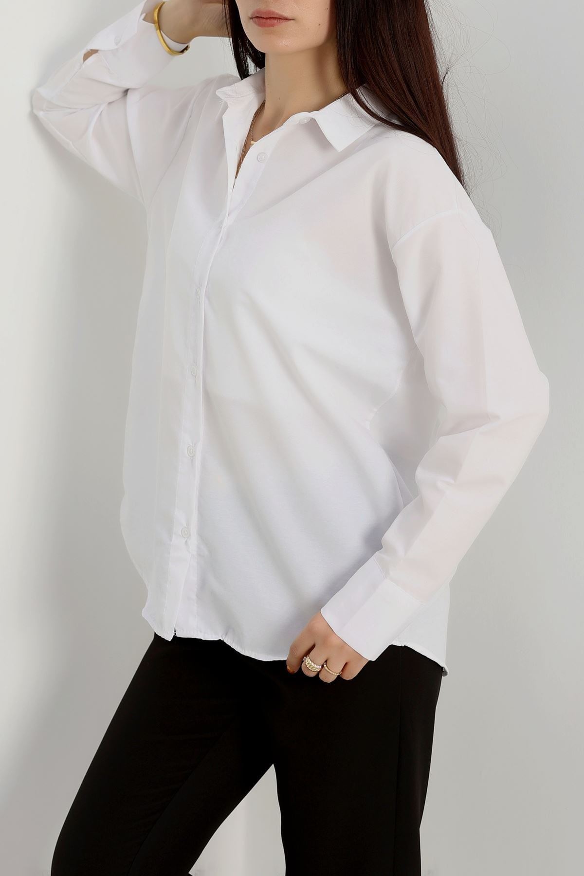 Terikoton Oversize Gömlek Beyaz - 30829.1949.