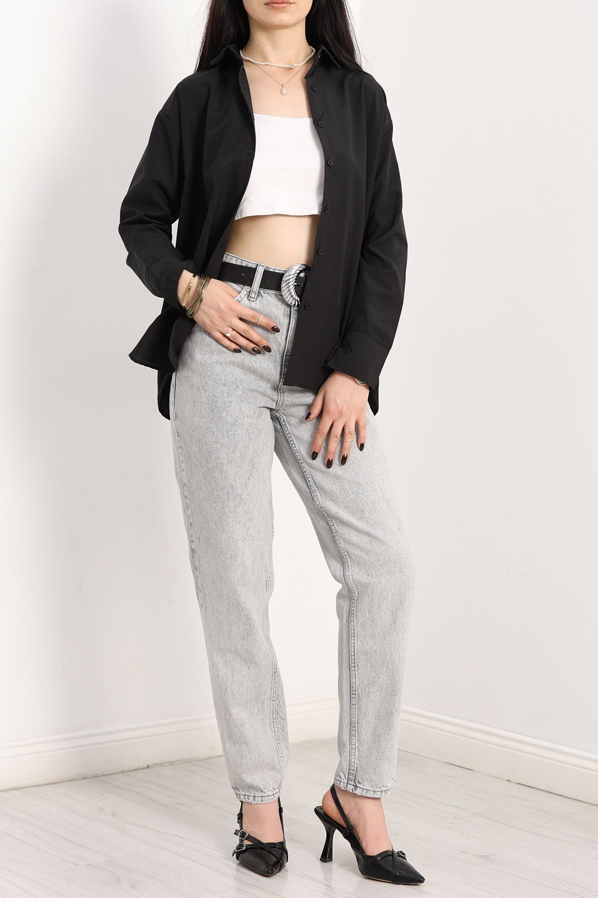 Terikoton Oversize Gömlek Siyah - 30829.1949.