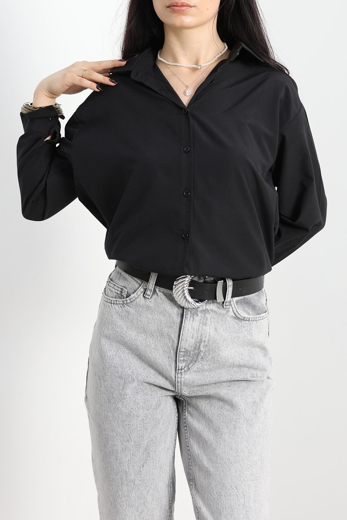 Terikoton Oversize Gömlek Siyah - 30829.1949.