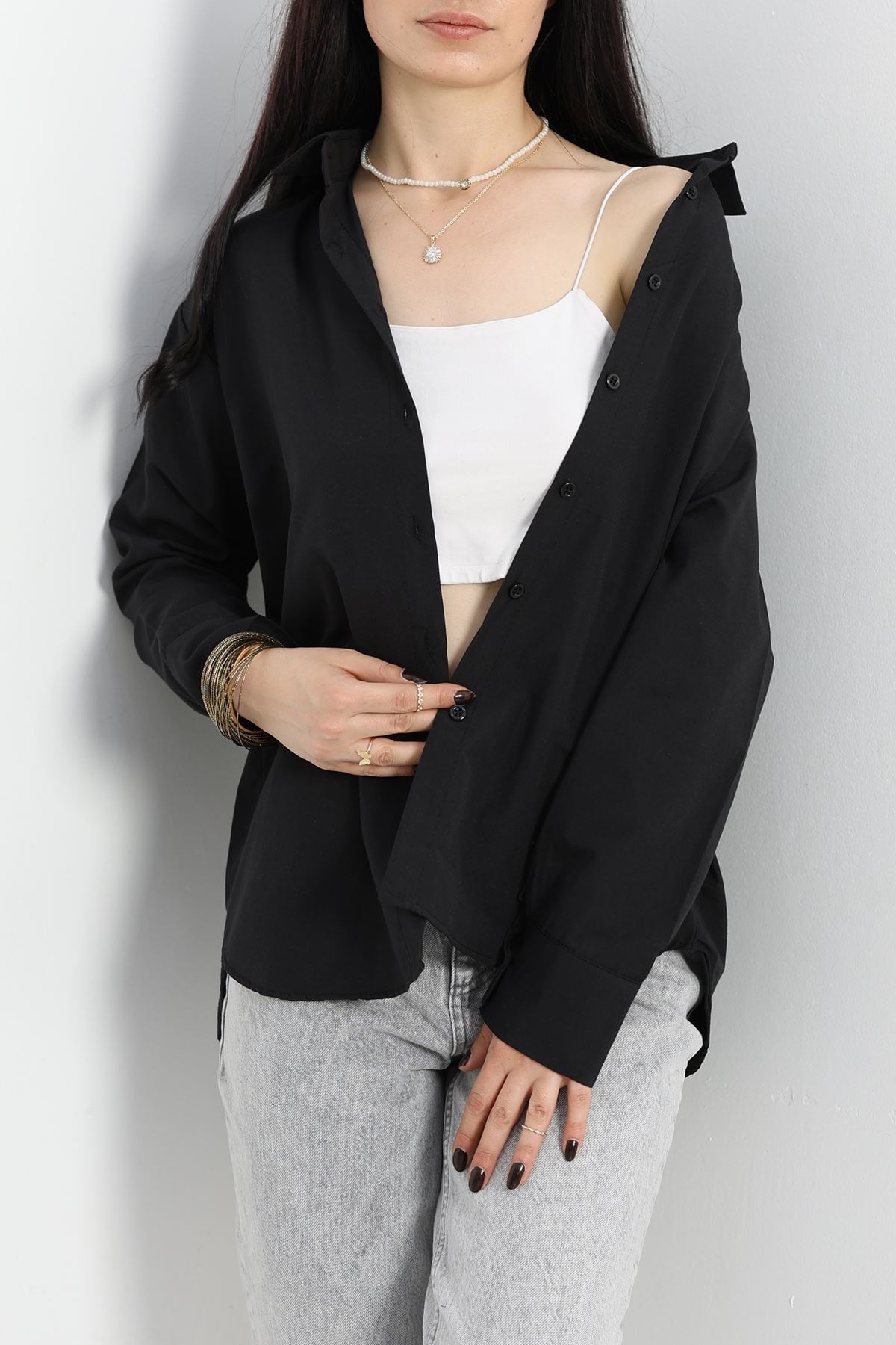 Terikoton Oversize Gömlek Siyah - 30829.1949.