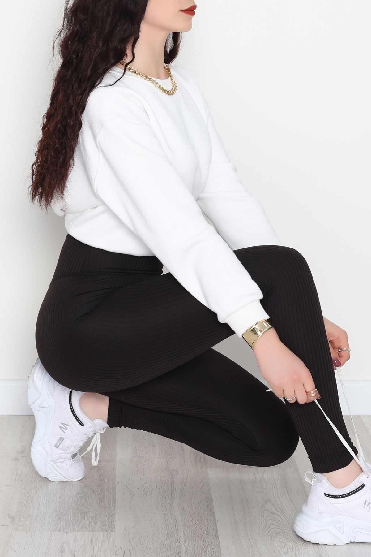 Şardonlu Yumuşak Dokulu Fitilli Tayt Siyah - 52085.1098.