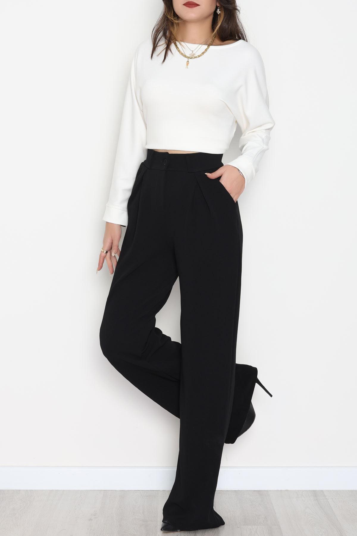 Pileli Palazzo Pantolon Siyah - 51047.1999.