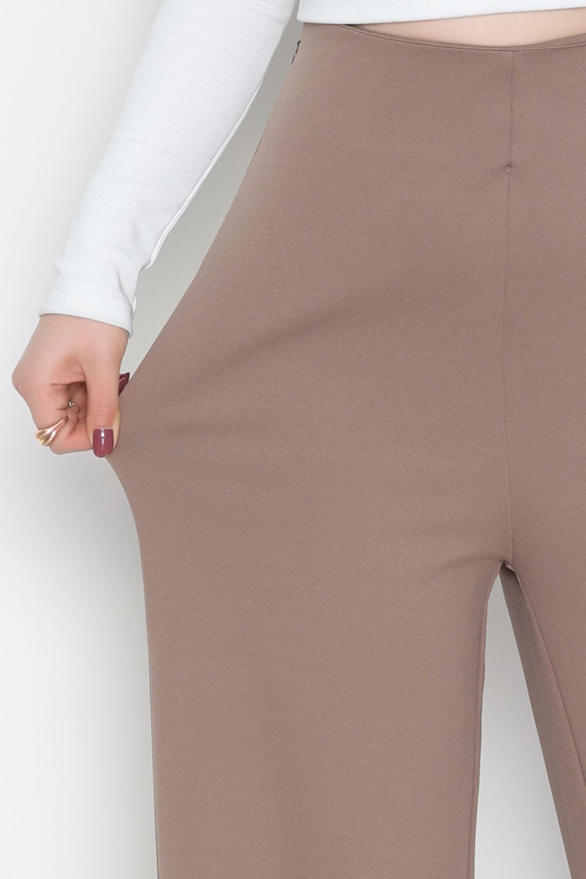 Full Likra İthal Krep Yandan Fermuarlı Pantolon Vizon - 90161.1837.