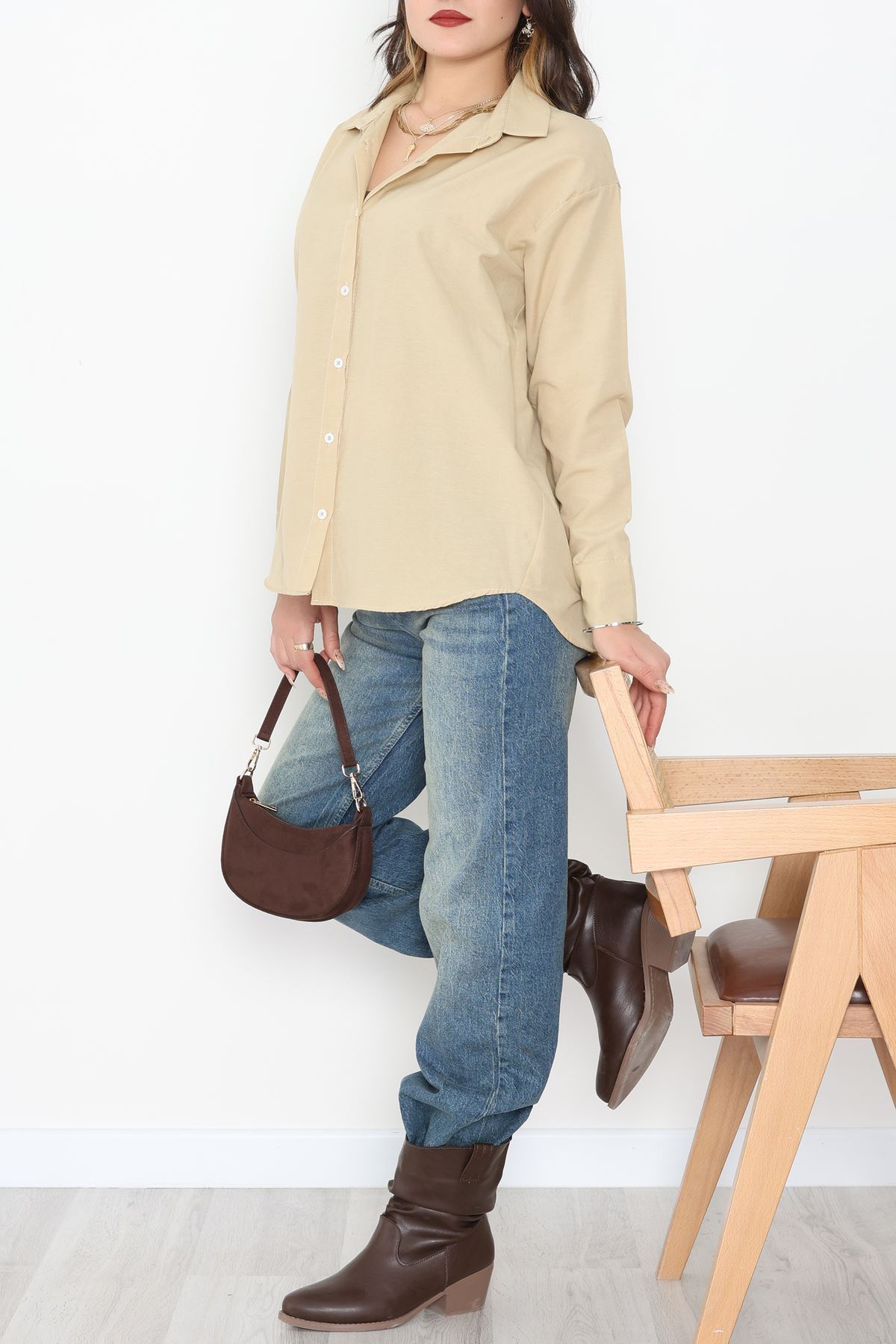 Terikoton Oversize Gömlek Vizon - 30829.2111.