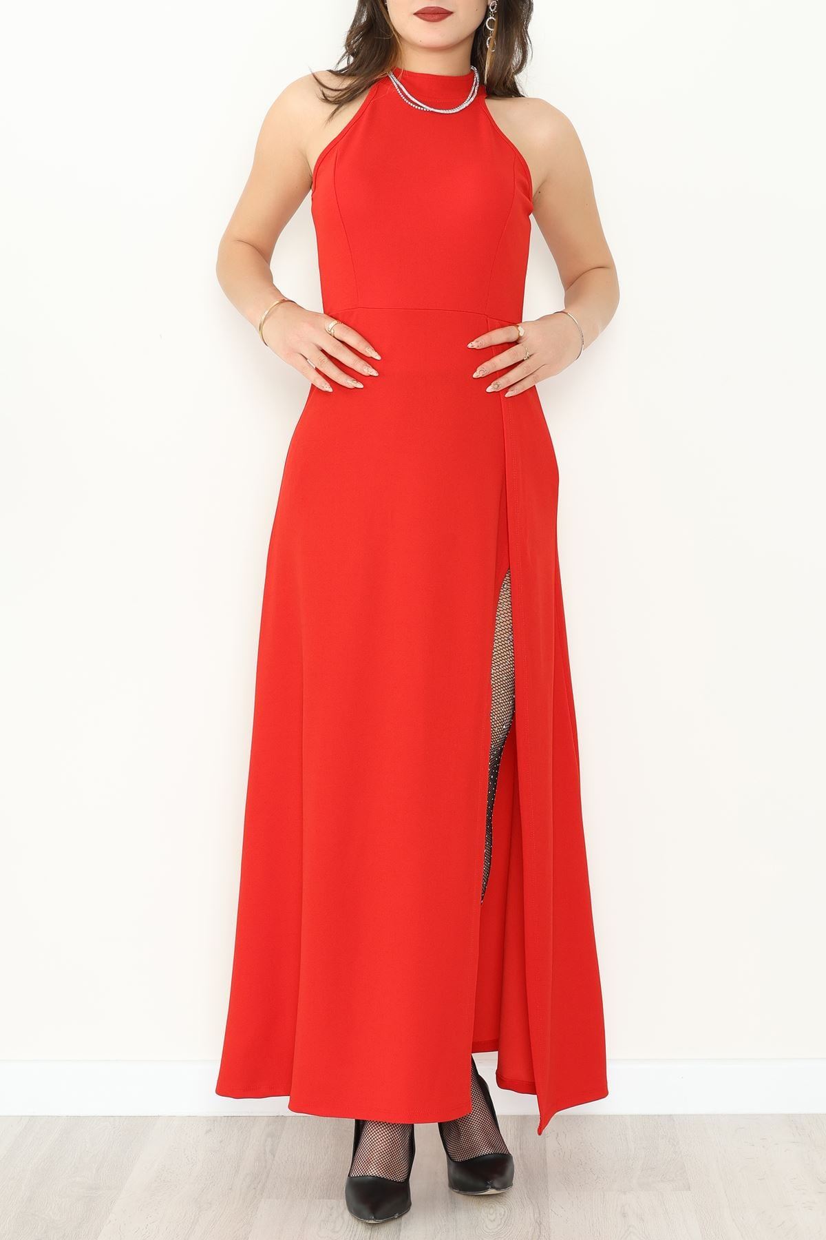 Halter Yaka İthal Krep Elbise Kırmızı - 42686.1256.