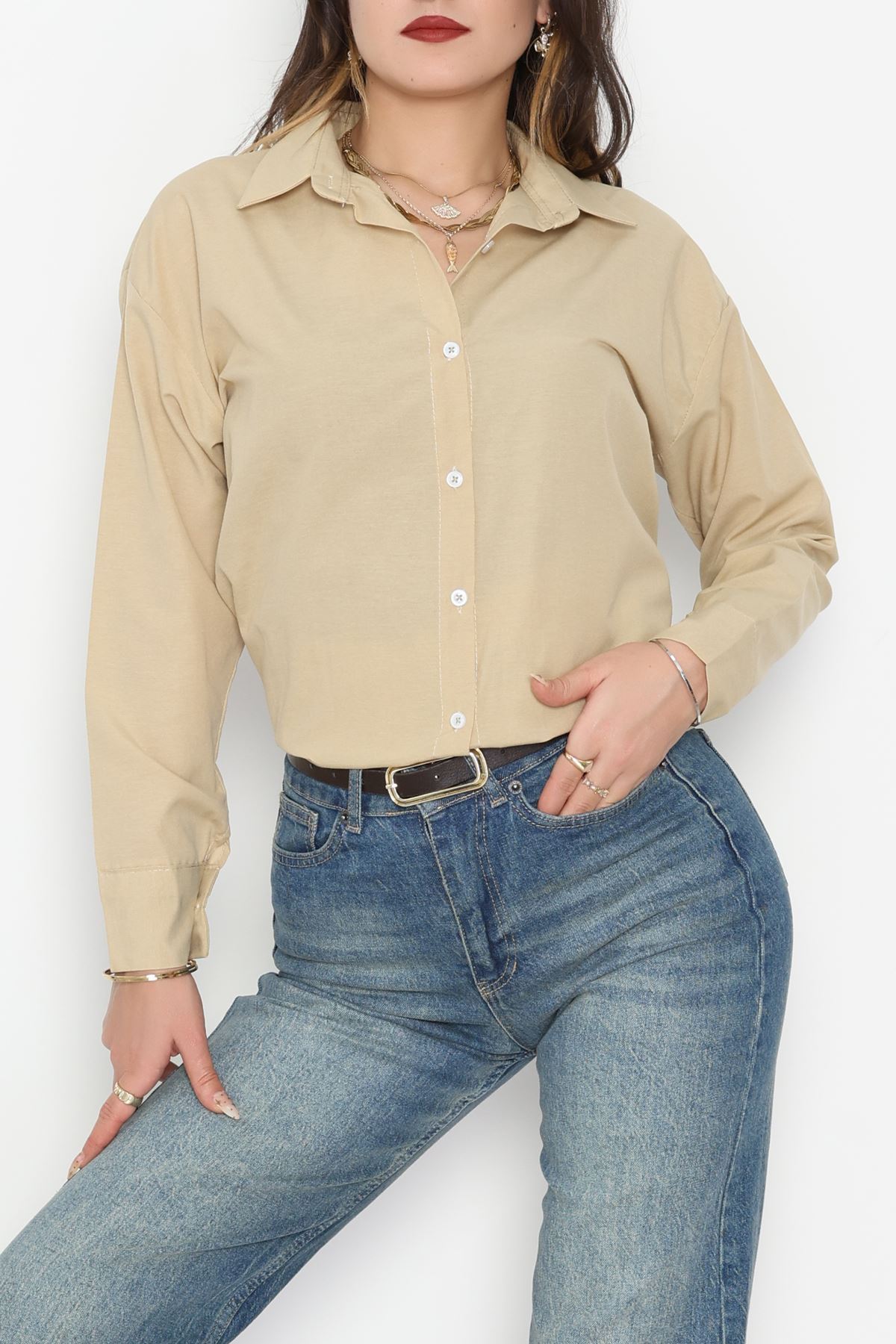 Terikoton Oversize Gömlek Vizon - 30829.2111.