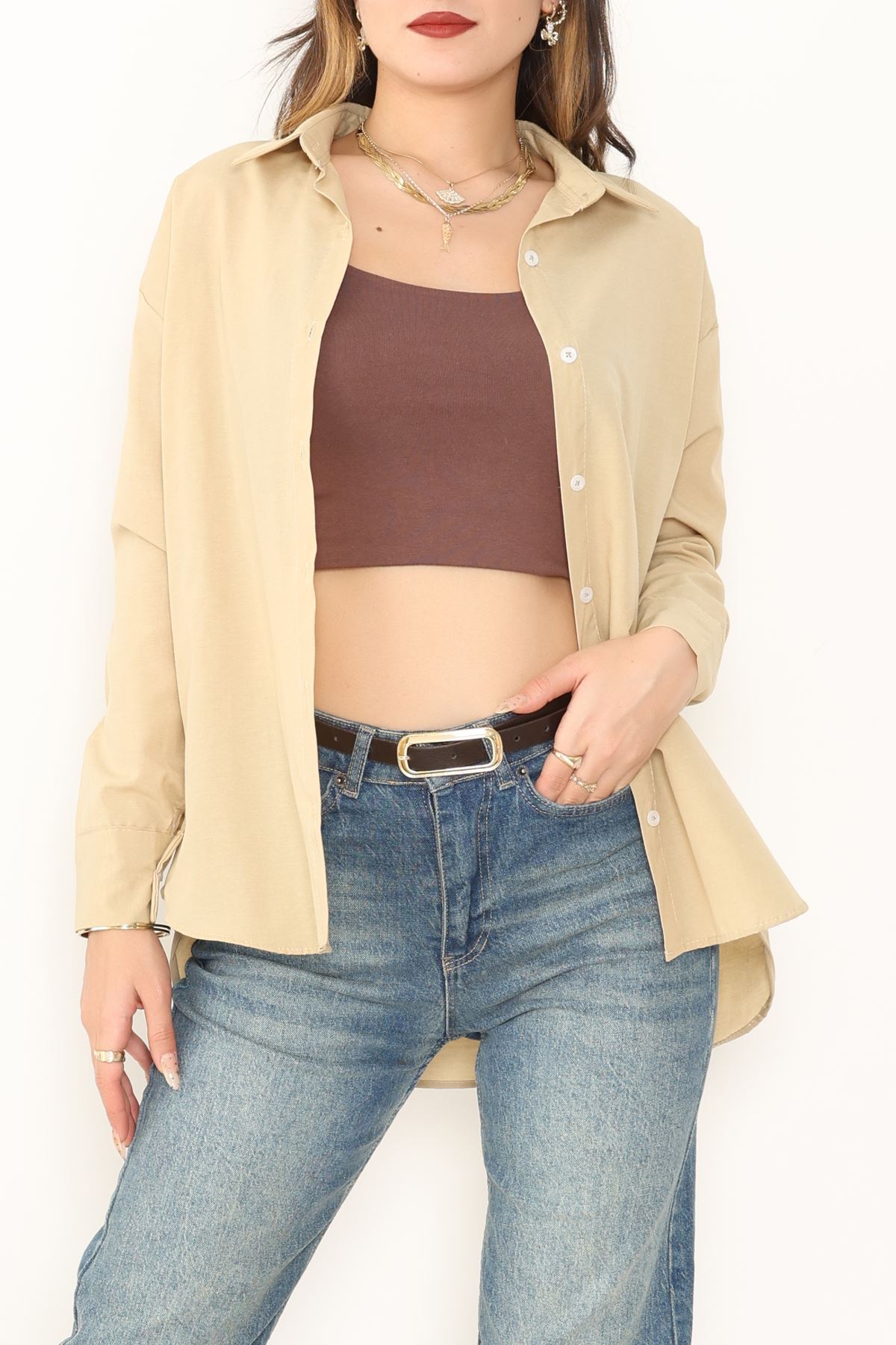 Terikoton Oversize Gömlek Vizon - 30829.2111.