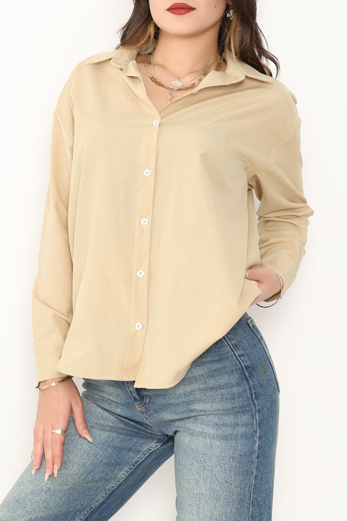 Terikoton Oversize Gömlek Vizon - 30829.2111.