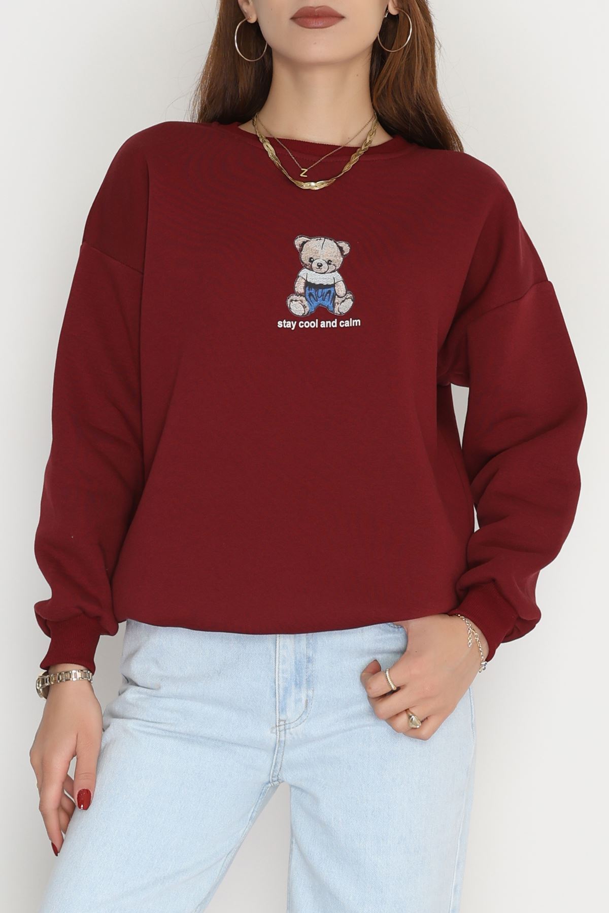 3 İplik Bisiklet Yaka Sweat Bordo - 42237.1878.