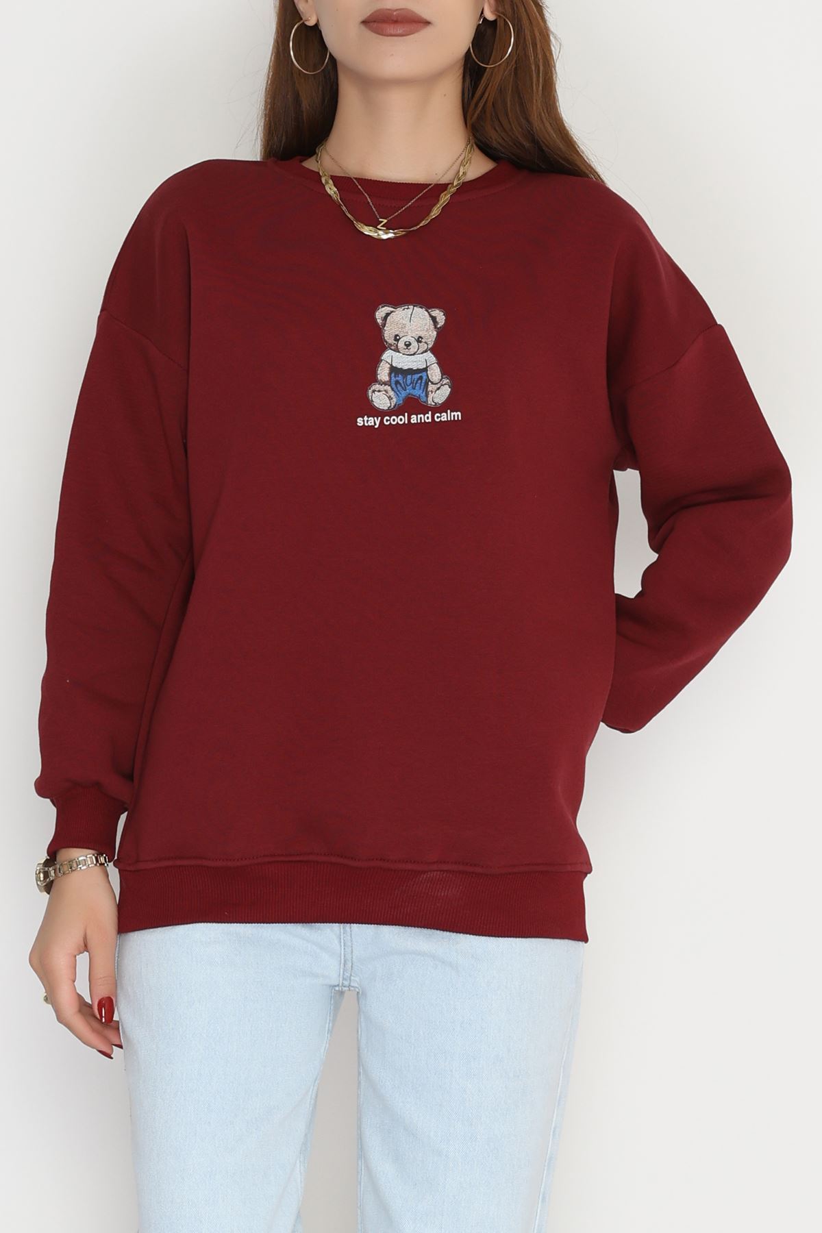 3 İplik Bisiklet Yaka Sweat Bordo - 42237.1878.