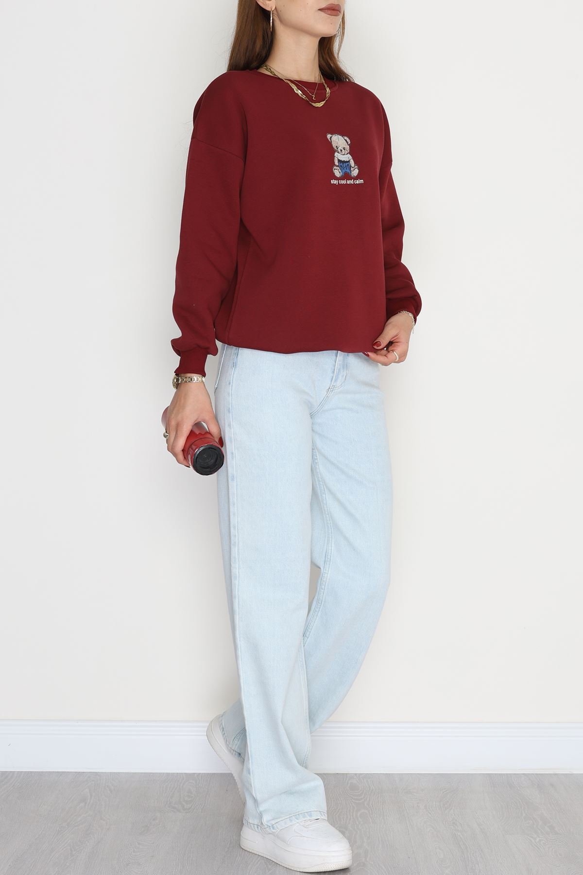 3 İplik Bisiklet Yaka Sweat Bordo - 42237.1878.