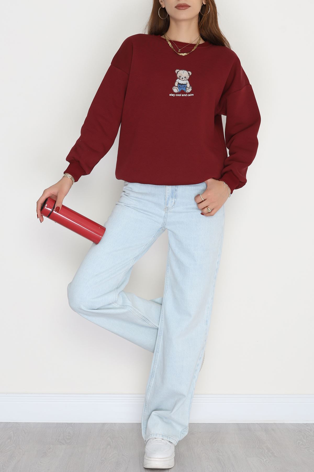 3 İplik Bisiklet Yaka Sweat Bordo - 42237.1878.