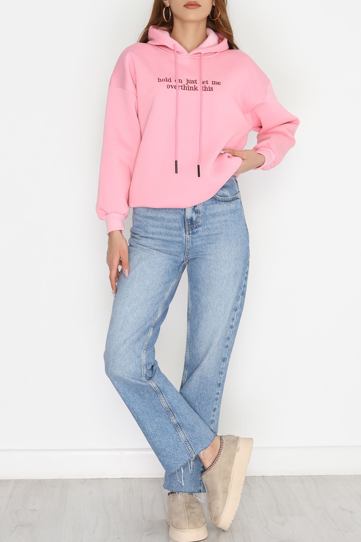 3 İplik Kapşonlu Nakışlı Sweat Pembebordo - 42221.1878.