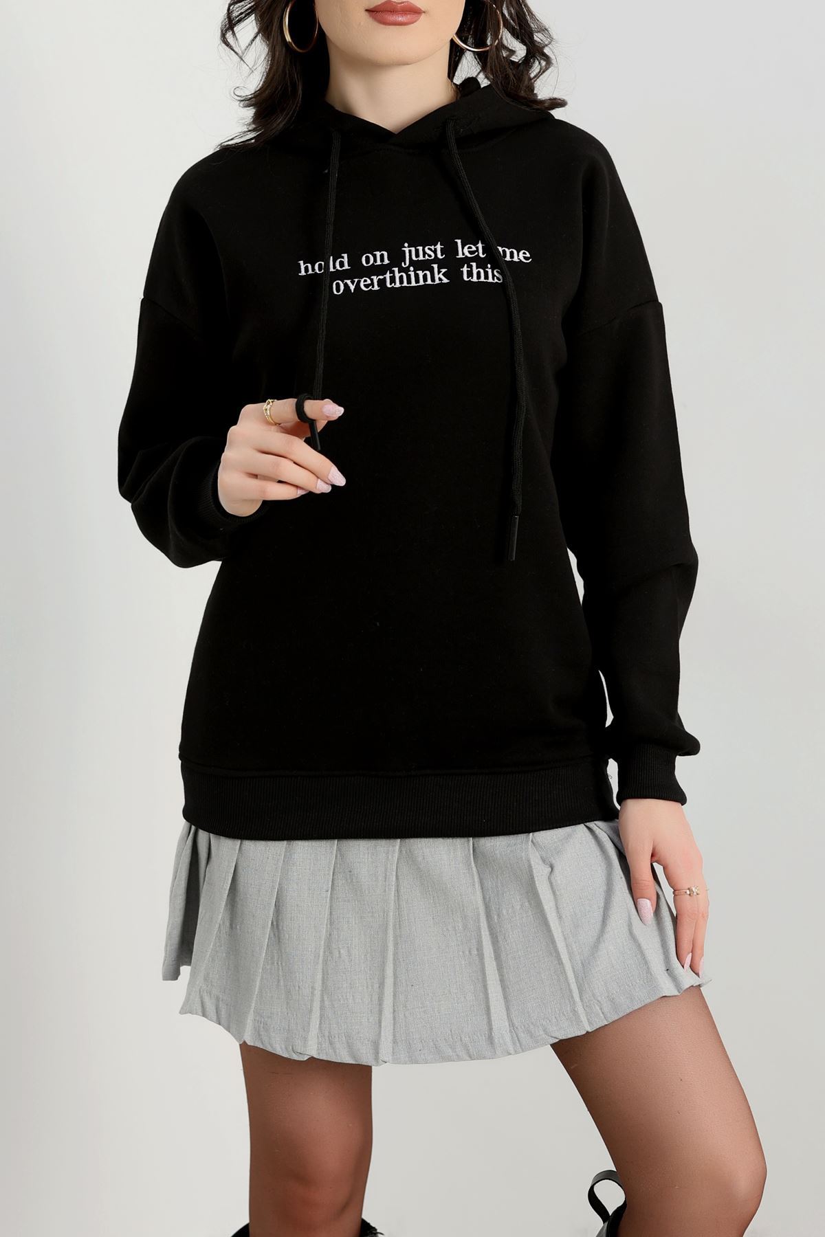 3 İplik Kapşonlu Nakışlı Sweat Siyahbeyaz - 42221.1878.