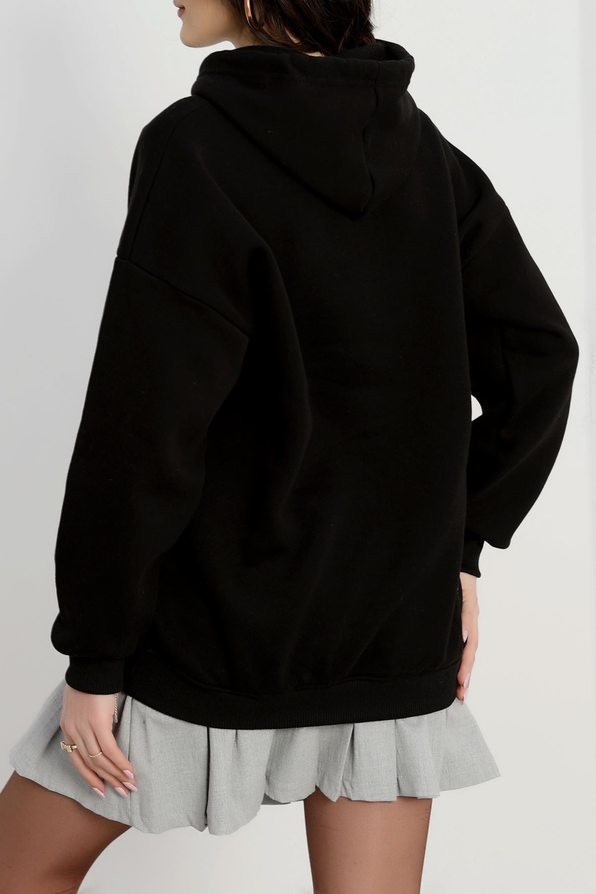 3 İplik Kapşonlu Nakışlı Sweat Siyahbeyaz - 42221.1878.