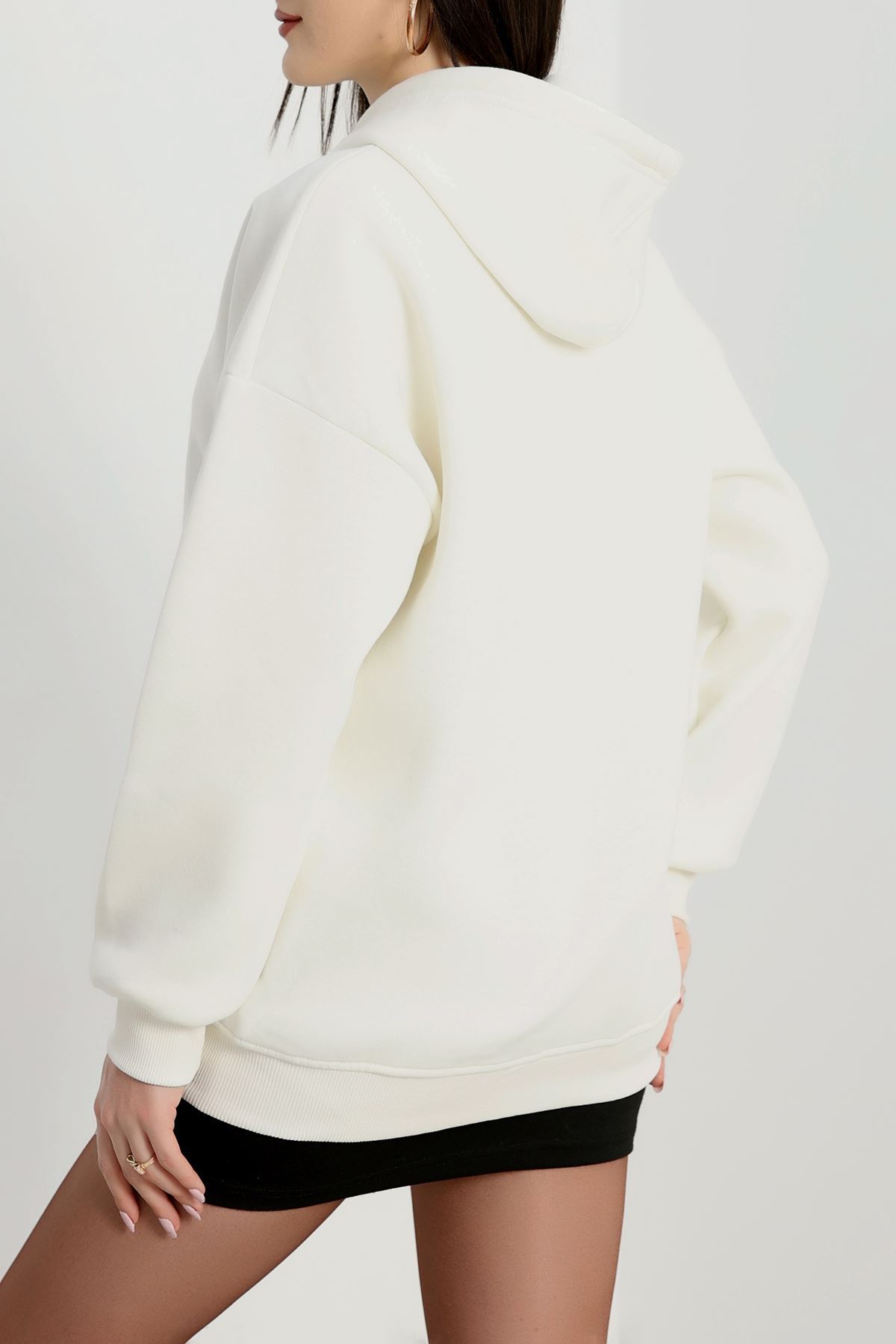 3 İplik Kapşonlu Nakışlı Sweat Beyazsiyah - 42221.1878.