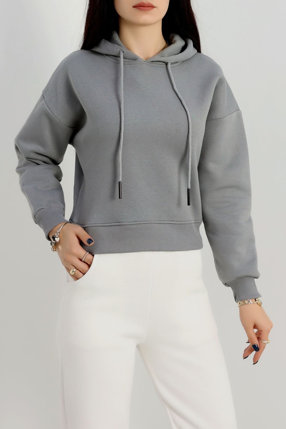 3 İplik Kapşonlu Crop Sweat Antrasit - 20959.1878.