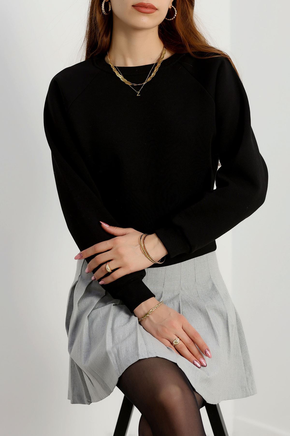 Bisiklet Yaka 3 İplik Sweat Siyah - 20958.1878.