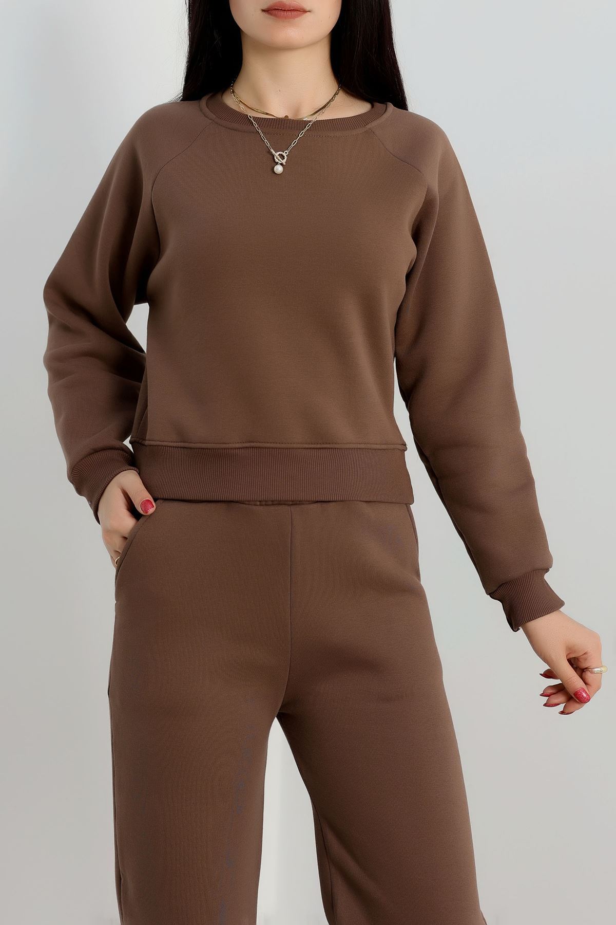 Bisiklet Yaka 3 İplik Sweat Kahve - 20958.1878.