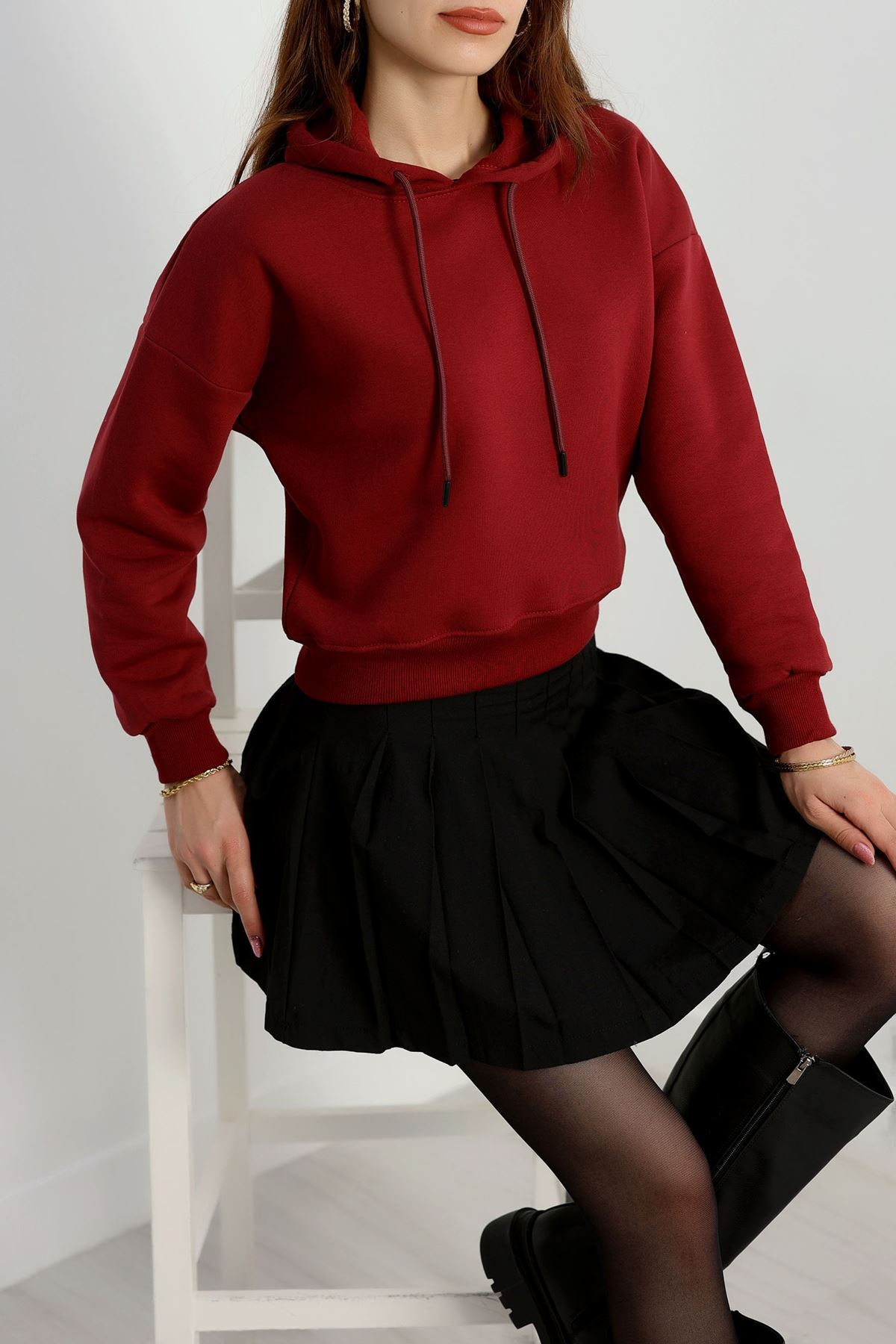3 İplik Kapşonlu Crop Sweat Bordo - 20959.1878.