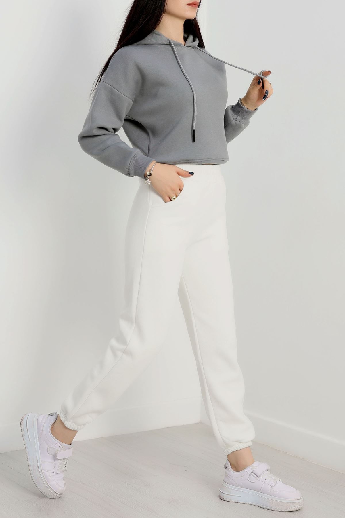 3 İplik Kapşonlu Crop Sweat Antrasit - 20959.1878.