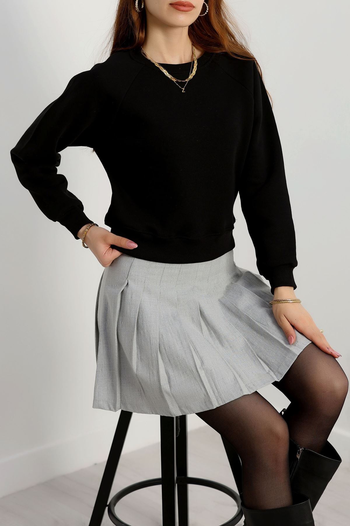 Bisiklet Yaka 3 İplik Sweat Siyah - 20958.1878.