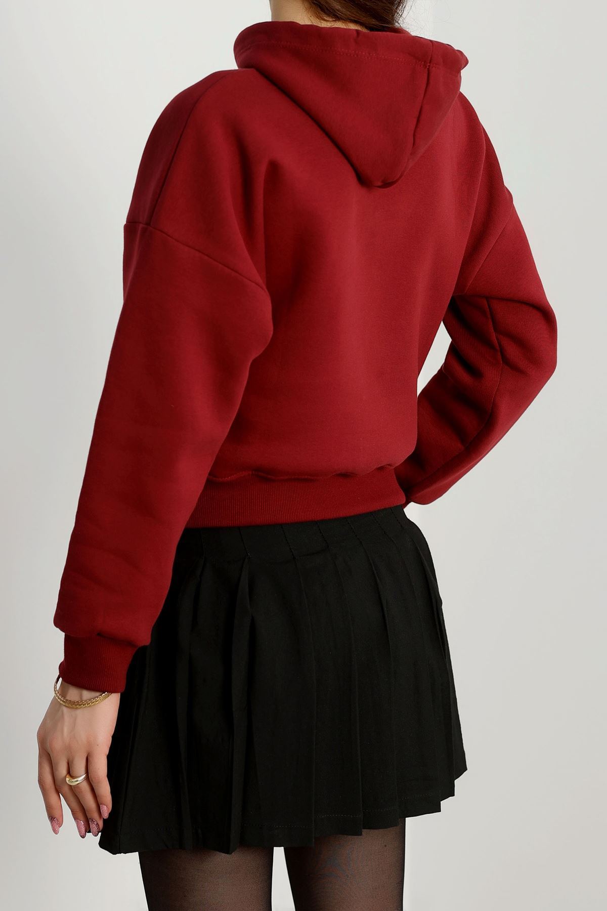 3 İplik Kapşonlu Crop Sweat Bordo - 20959.1878.