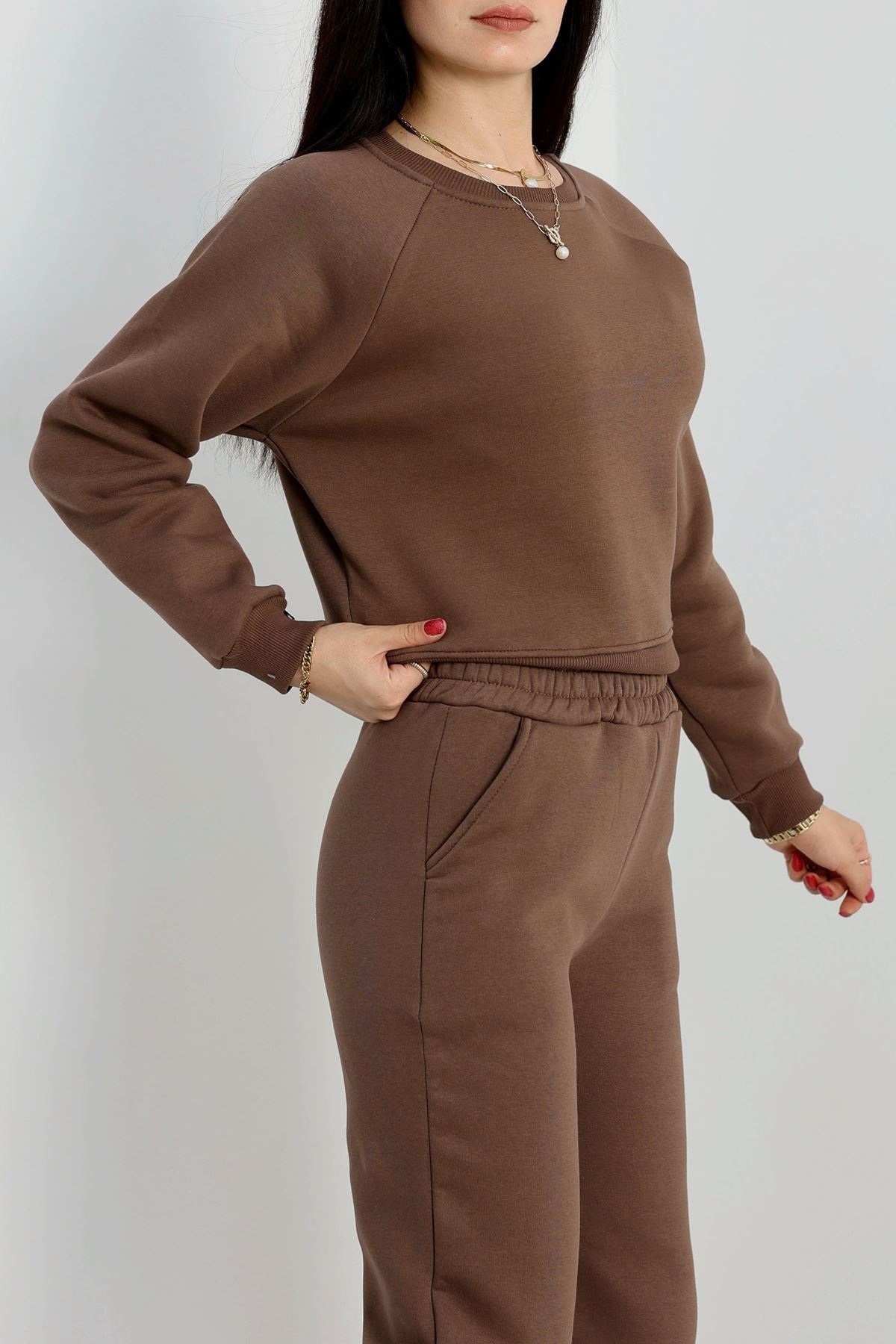 Bisiklet Yaka 3 İplik Sweat Kahve - 20958.1878.