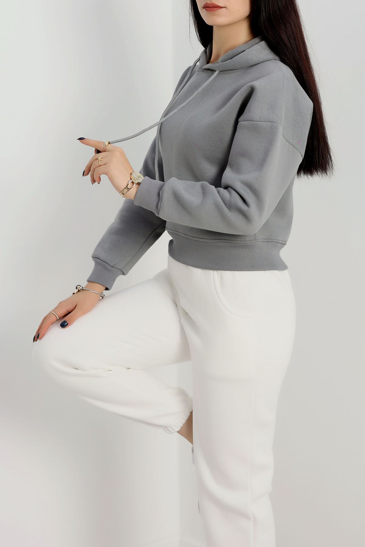 3 İplik Kapşonlu Crop Sweat Antrasit - 20959.1878.