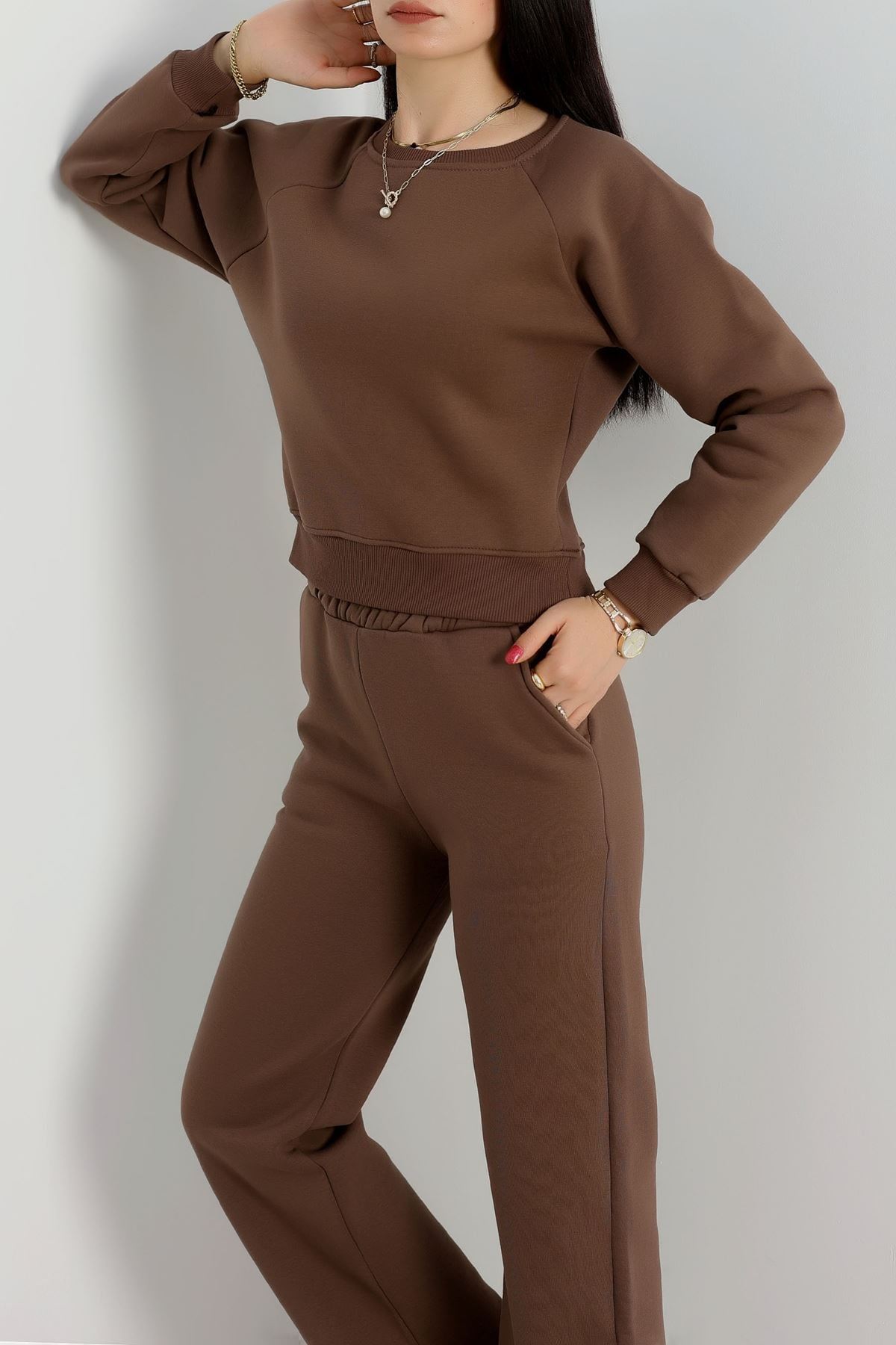 Bisiklet Yaka 3 İplik Sweat Kahve - 20958.1878.