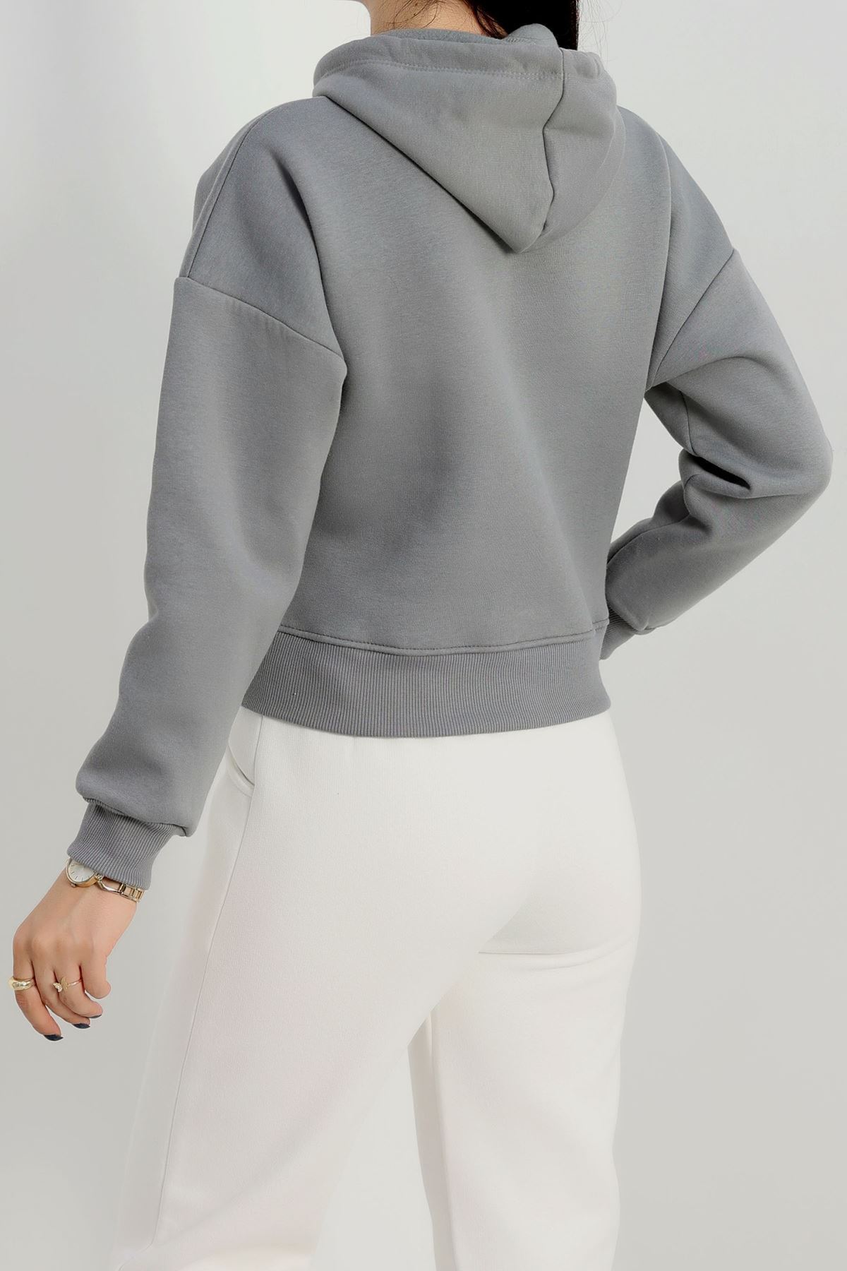 3 İplik Kapşonlu Crop Sweat Antrasit - 20959.1878.