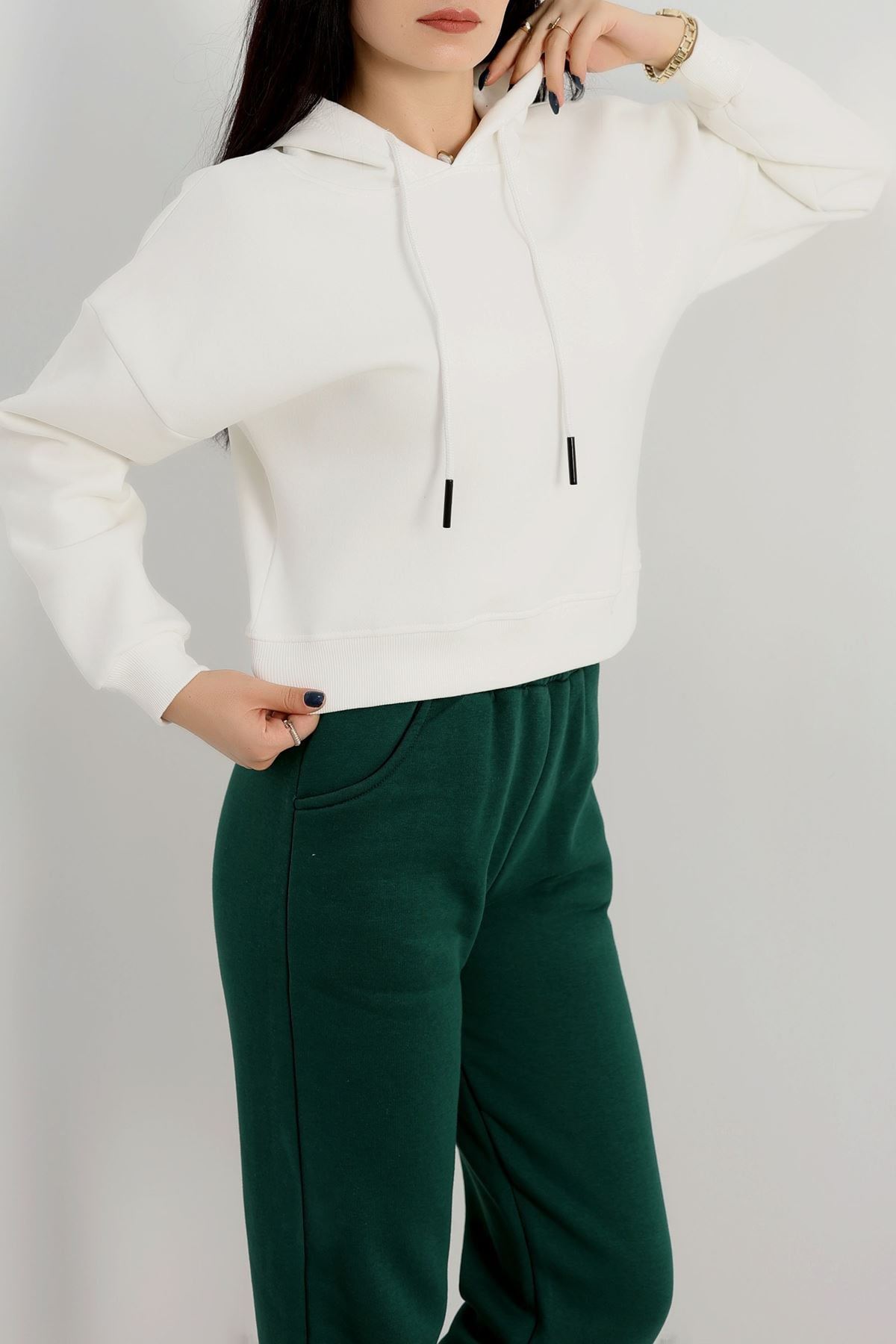 3 İplik Kapşonlu Crop Sweat Ekru - 20959.1878.